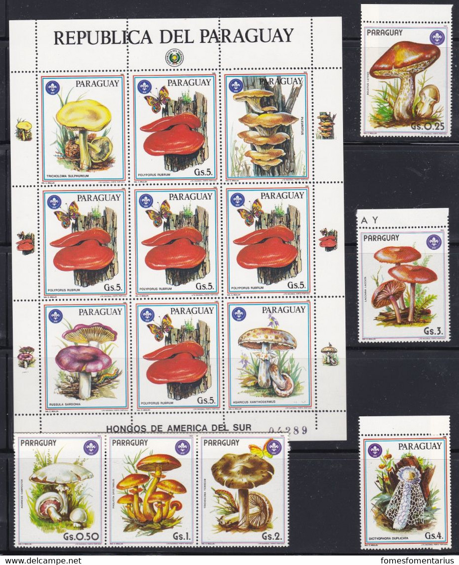 6 Timbres Neufs** Et Un Feuillet Avec Timbres Et Vignettes** états Parfaits Paraguay Champignons, Pilze, Mushroom, Setas - Hongos