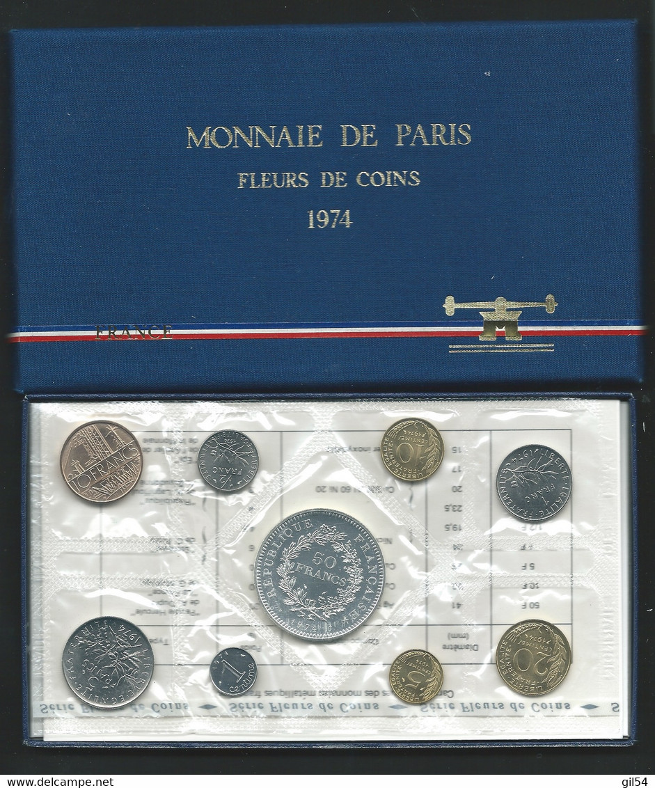 1974 COFFRET SERIE FLEURS DE COINS MONNAIE DE PARIS FDC AVEC 50 Francs  HERCULE ARGENT BU Laupi 149 - BU, BE & Estuches