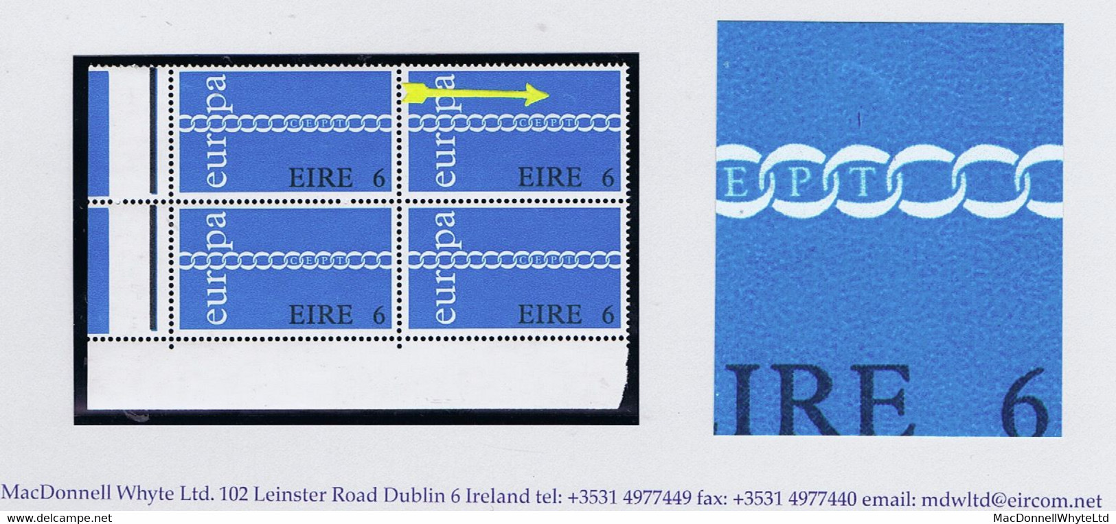 Ireland 1971 Europa 6p Variety "Boomerang Flaw" Of Row 9/2 In A Corner Block Of 4 Mint Unmounted Never Hinged - Andere & Zonder Classificatie