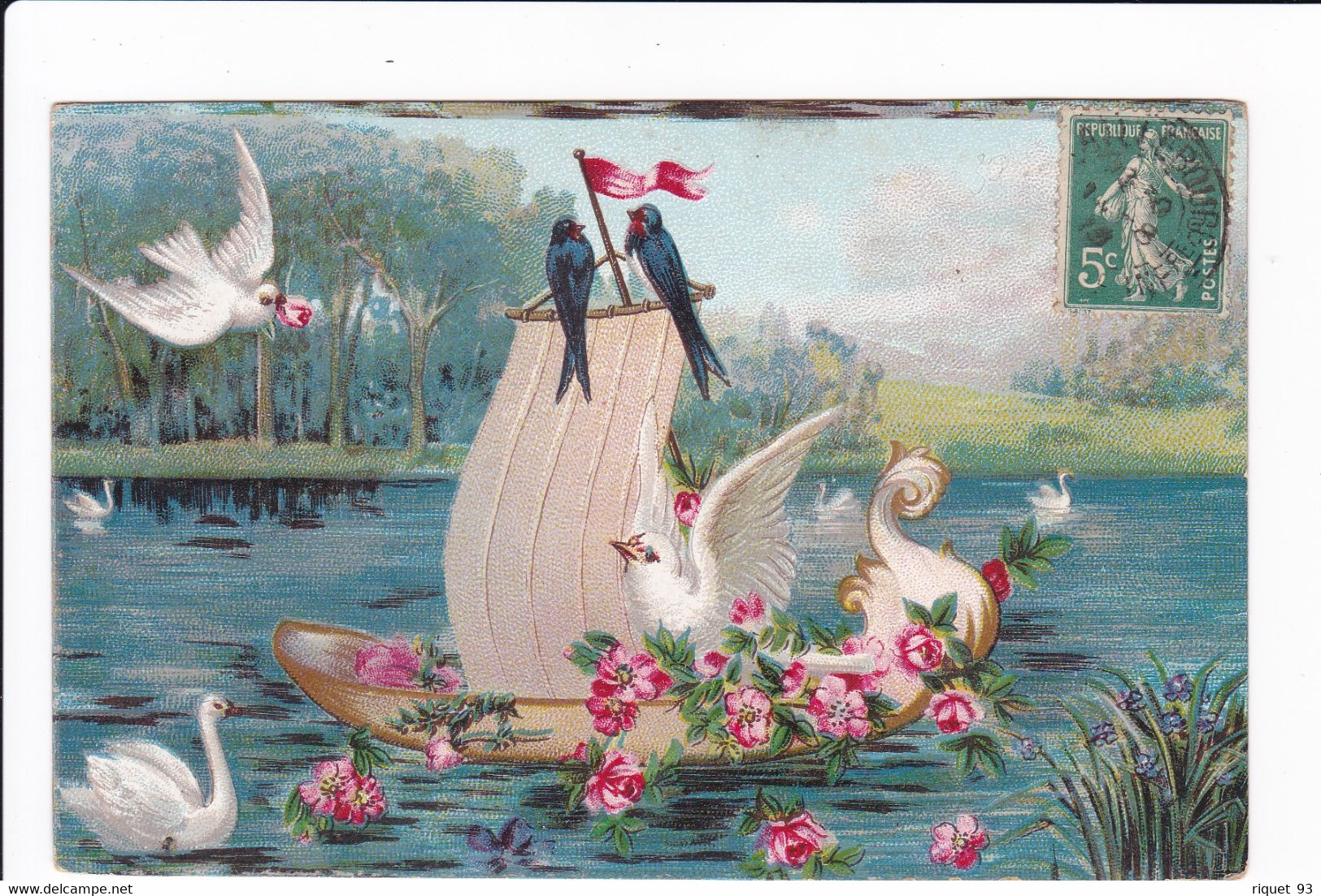 Bateau Voile Hirondelles Colombes Cygne Et Fleurs Sur étang - Altri & Non Classificati