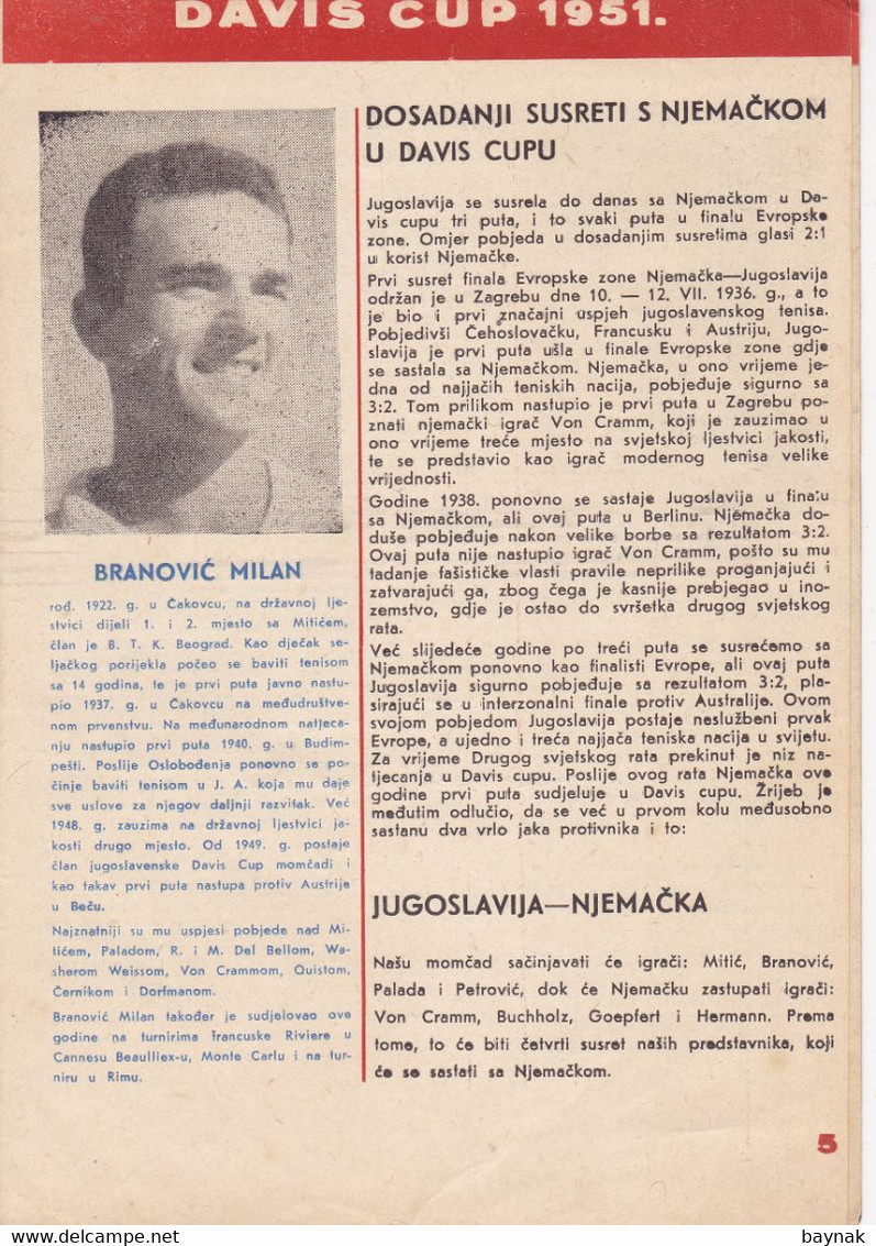 CROATIA, JUGOSLAVIJA, ZAGREB  --  TENNIS  --  DAVIS CUP -  NJEMACKA Vs JUGOSLAVIJA4. - 6. MAJA 1951 - Libros