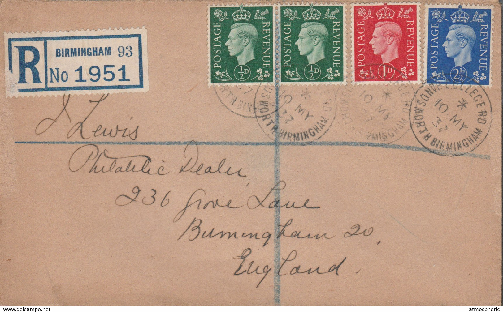 Great Britain 1937 KG6 1/2d (2), 1d & 2.5d On Reg Envelope With First Day Cancels. See Details - Covers & Documents