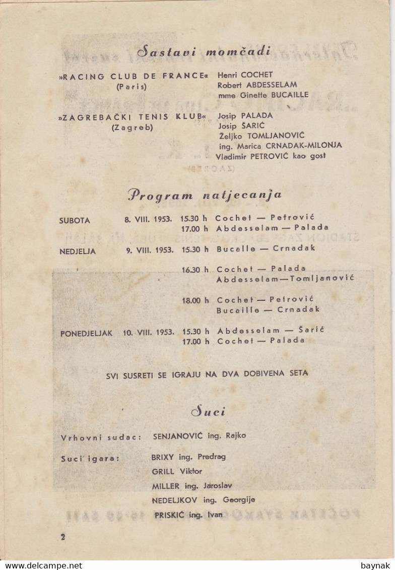 CROATIA, FRANCE ZAGREB  --  BROSCHURE: TENNIS INTERNATIONAL - ,,  RACING CLUB DE FRANCE ,, Vs Z. T. K.  ZAGREB  -- 1953 - Bücher