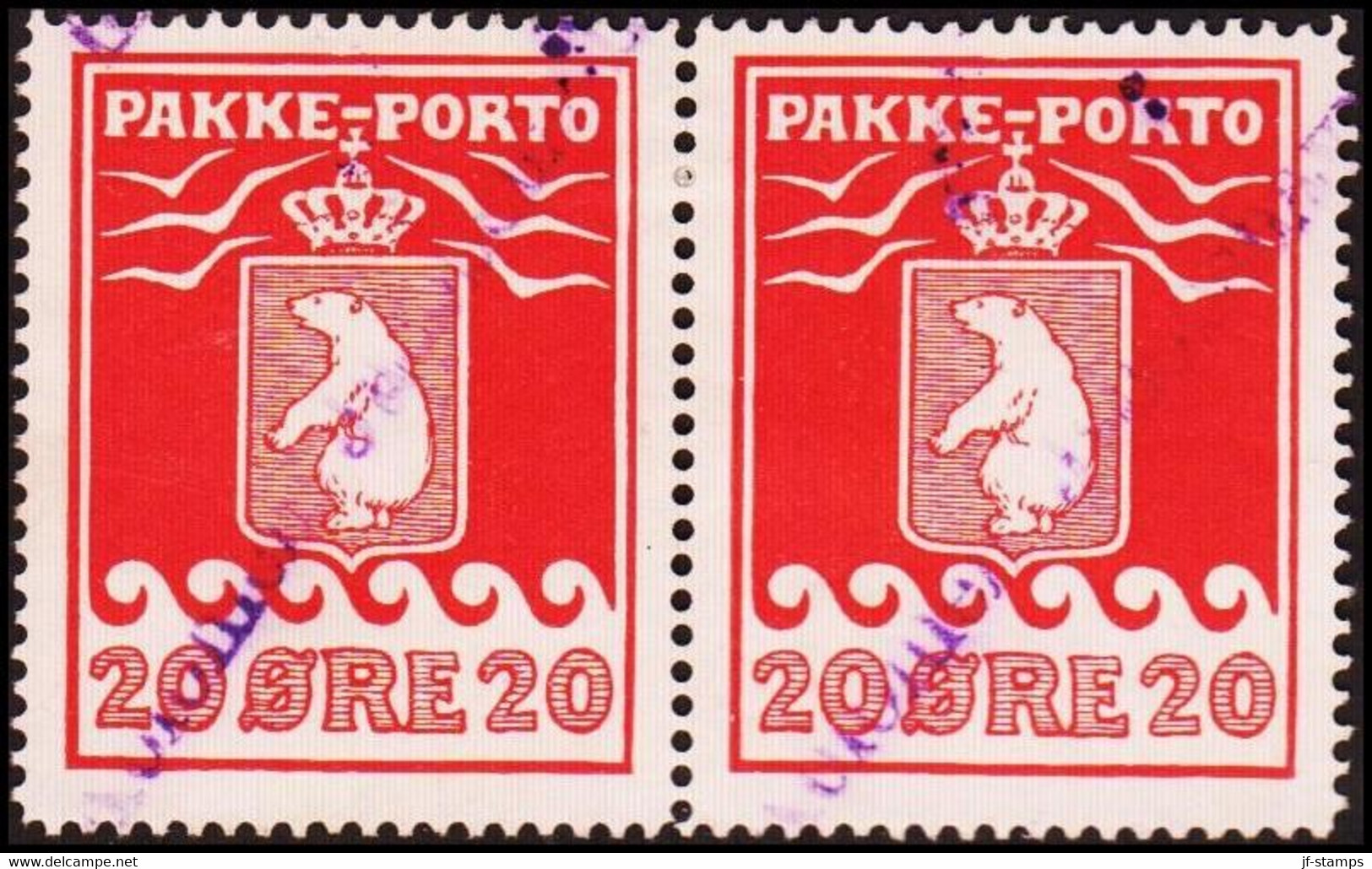 1916. PAKKE PORTO. 20 øre Red. Thiele. Perf 11 ½. Pair Cancelled Kolonien Jacobshavn. (Michel 9A) - JF411032 - Spoorwegzegels