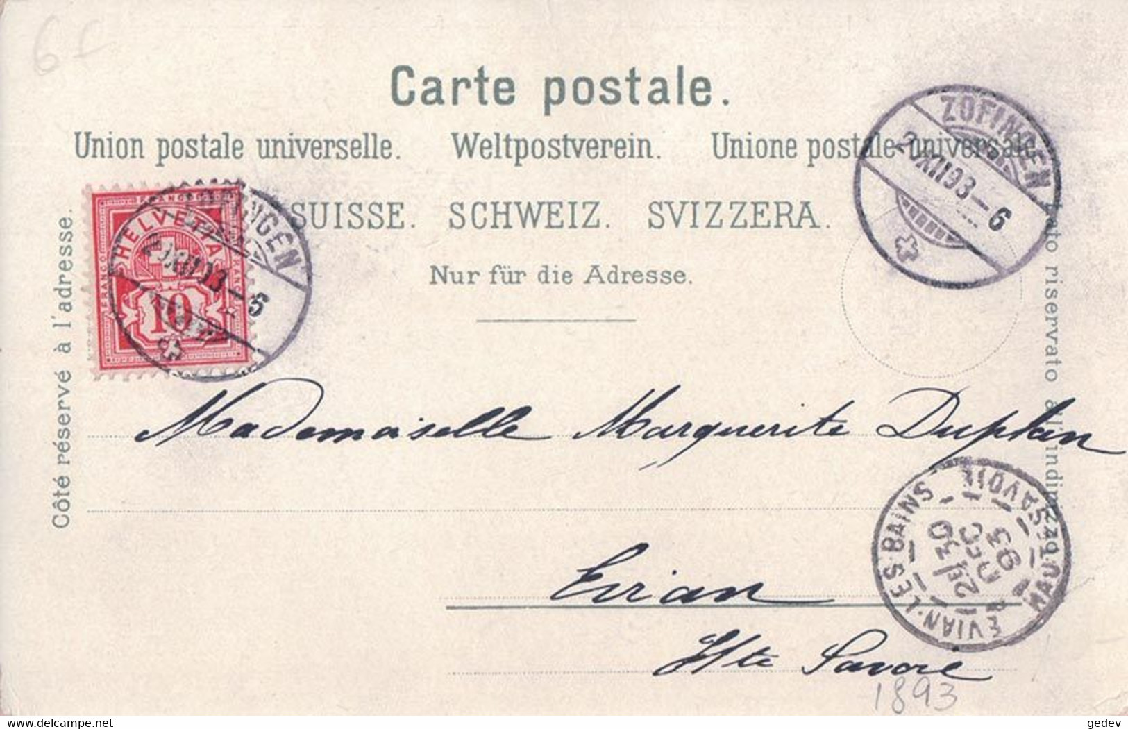 Gruss Aus Zofingen 1893, Post, Kirche Und Rathaus (29.12.1893) - Zofingen