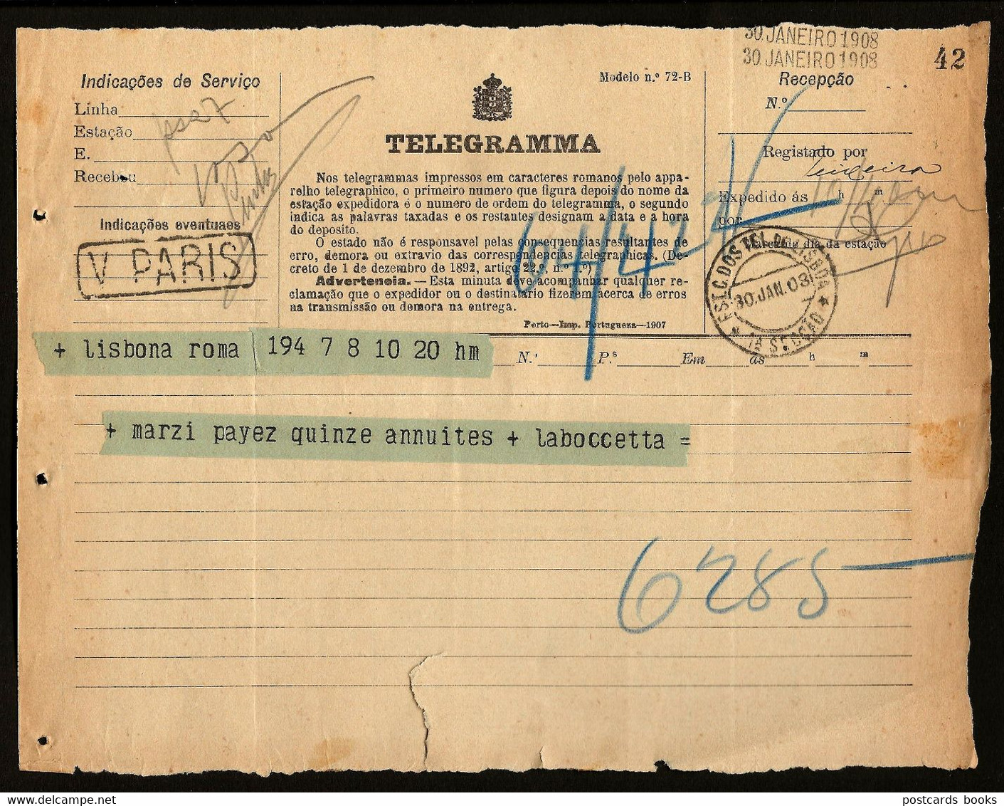 1908 Telegrama / Telegraphe / Telegramme  PORTUGAL - Brieven En Documenten