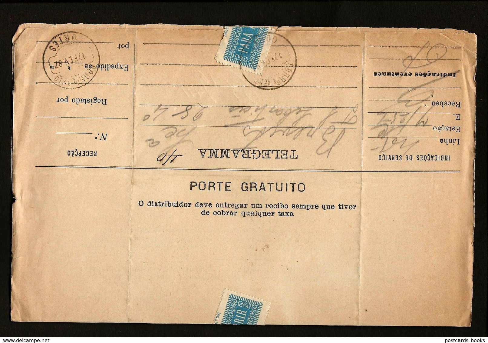 1897 Telegrama / Telegraphe / Telegramme Stationery / Free Postage / Porte Gratuito PORTUGAL - Briefe U. Dokumente