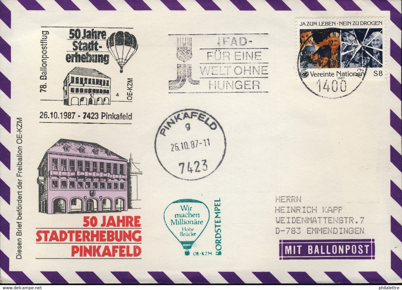 AUTRICHE / AUSTRIA / United Nations VIENNA 1987 78th Balloon Post Flight Cover - Par Ballon