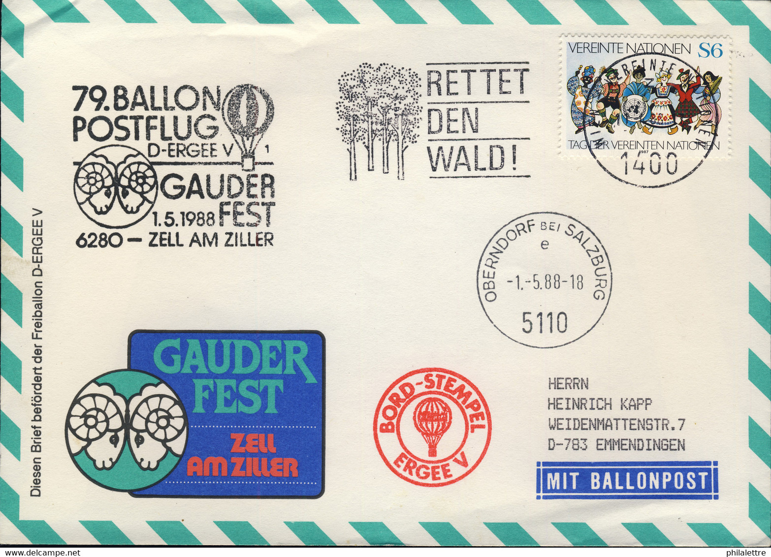 AUTRICHE / AUSTRIA / United Nations VIENNA 1988 79th Balloon Post Flight Cover - Par Ballon