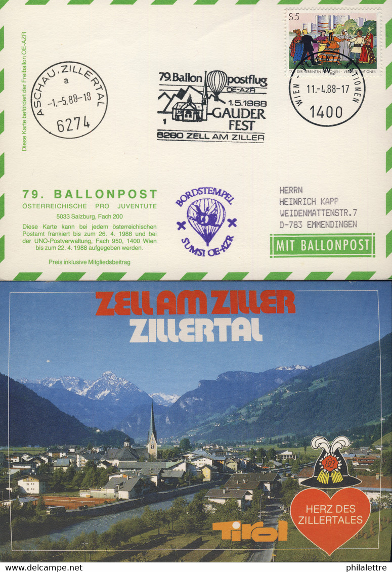 AUTRICHE / AUSTRIA / United Nations VIENNA 1988 79th Balloon Post Flight PostCard - Balloon Covers