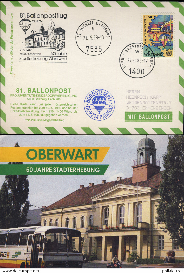 AUTRICHE / AUSTRIA / United Nations VIENNA 1989 81st Balloon Post Flight PostCard - Par Ballon