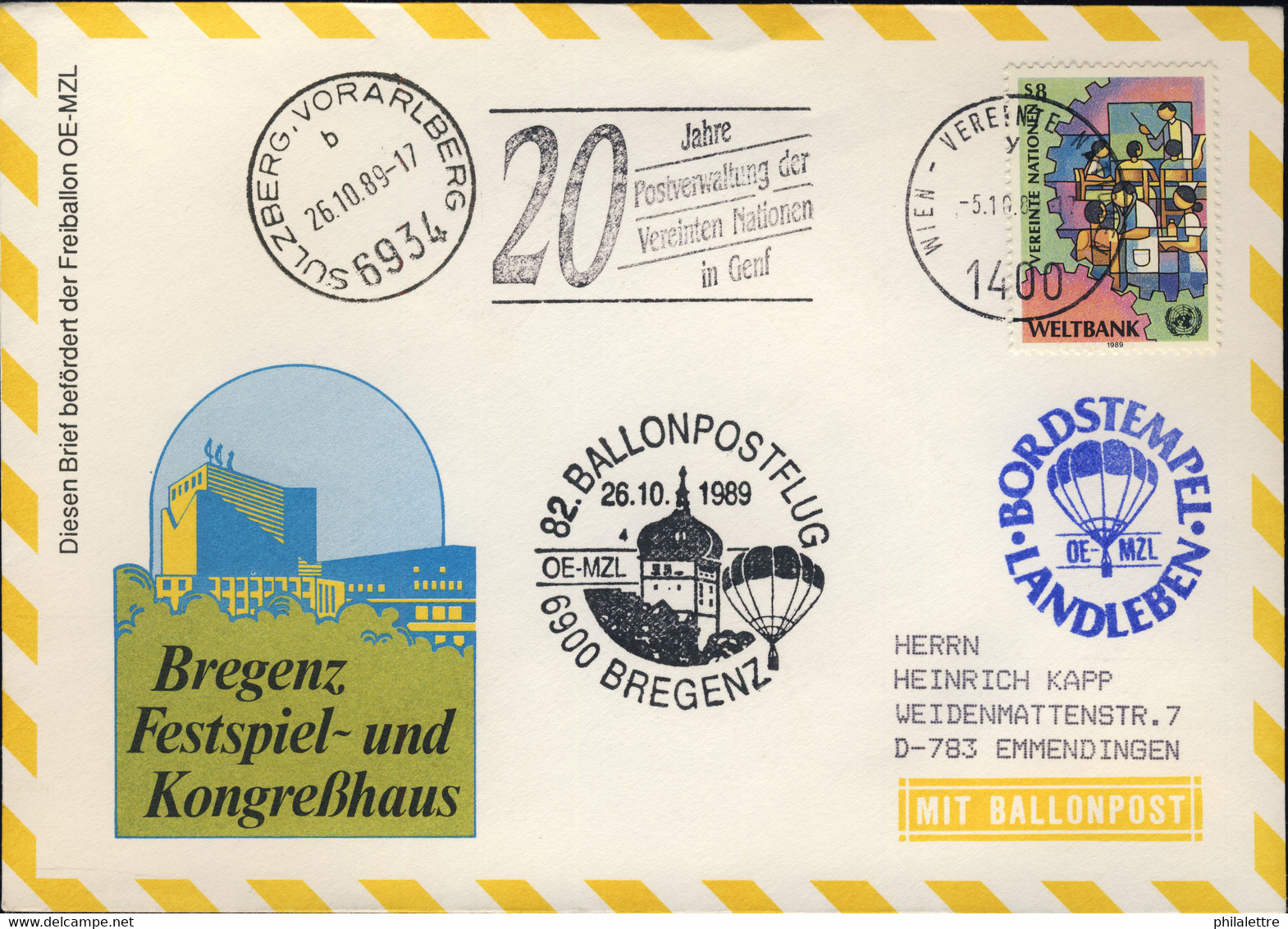 AUTRICHE / AUSTRIA / United Nations VIENNA 1989 82nd Balloon Post Flight Cover - Balloon Covers