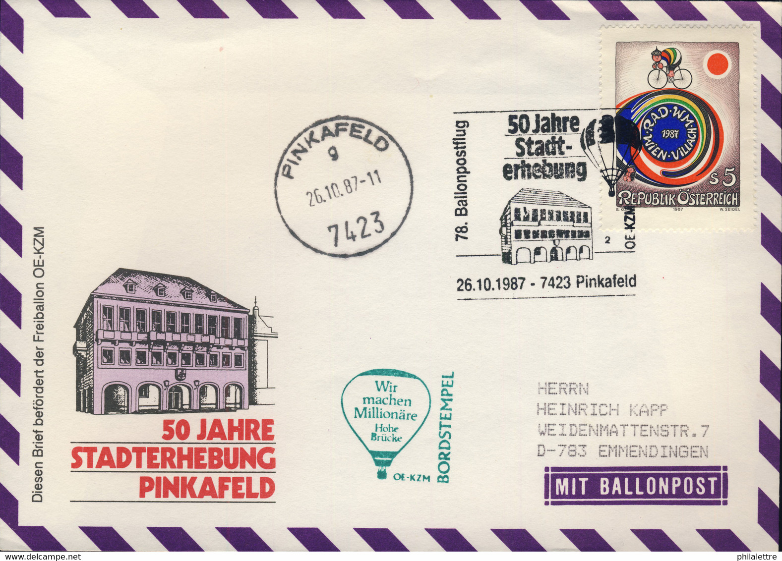 AUTRICHE / AUSTRIA / ÖSTERREICH 1987 78th Balloon Post Flight Cover - Per Palloni