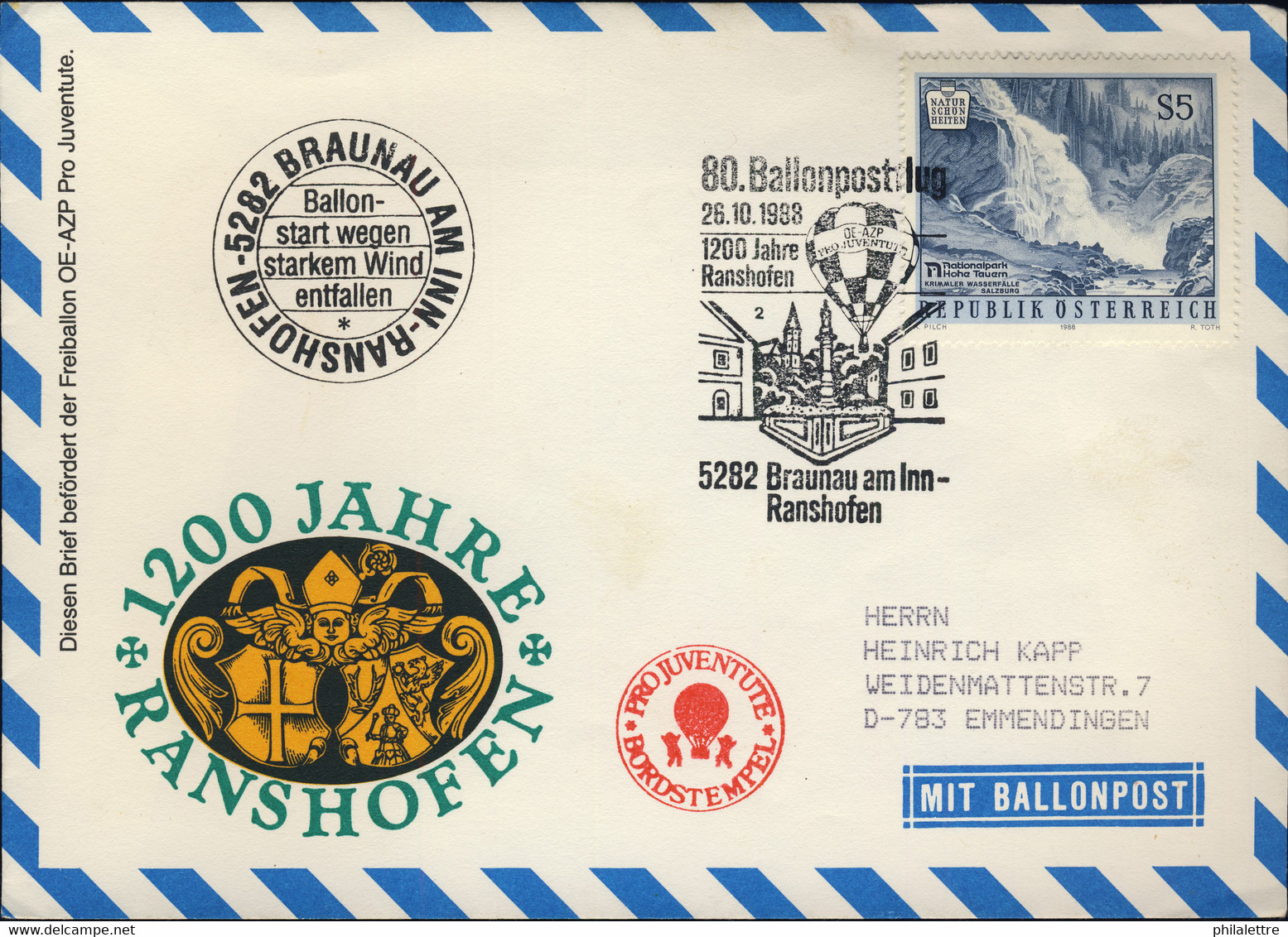 AUTRICHE / AUSTRIA / ÖSTERREICH 1988 80th Balloon Post Flight Cover - Globos