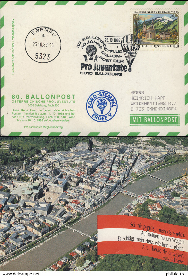 AUTRICHE / AUSTRIA / ÖSTERREICH 1988 80th Balloon Post Flight Post Card - Globos