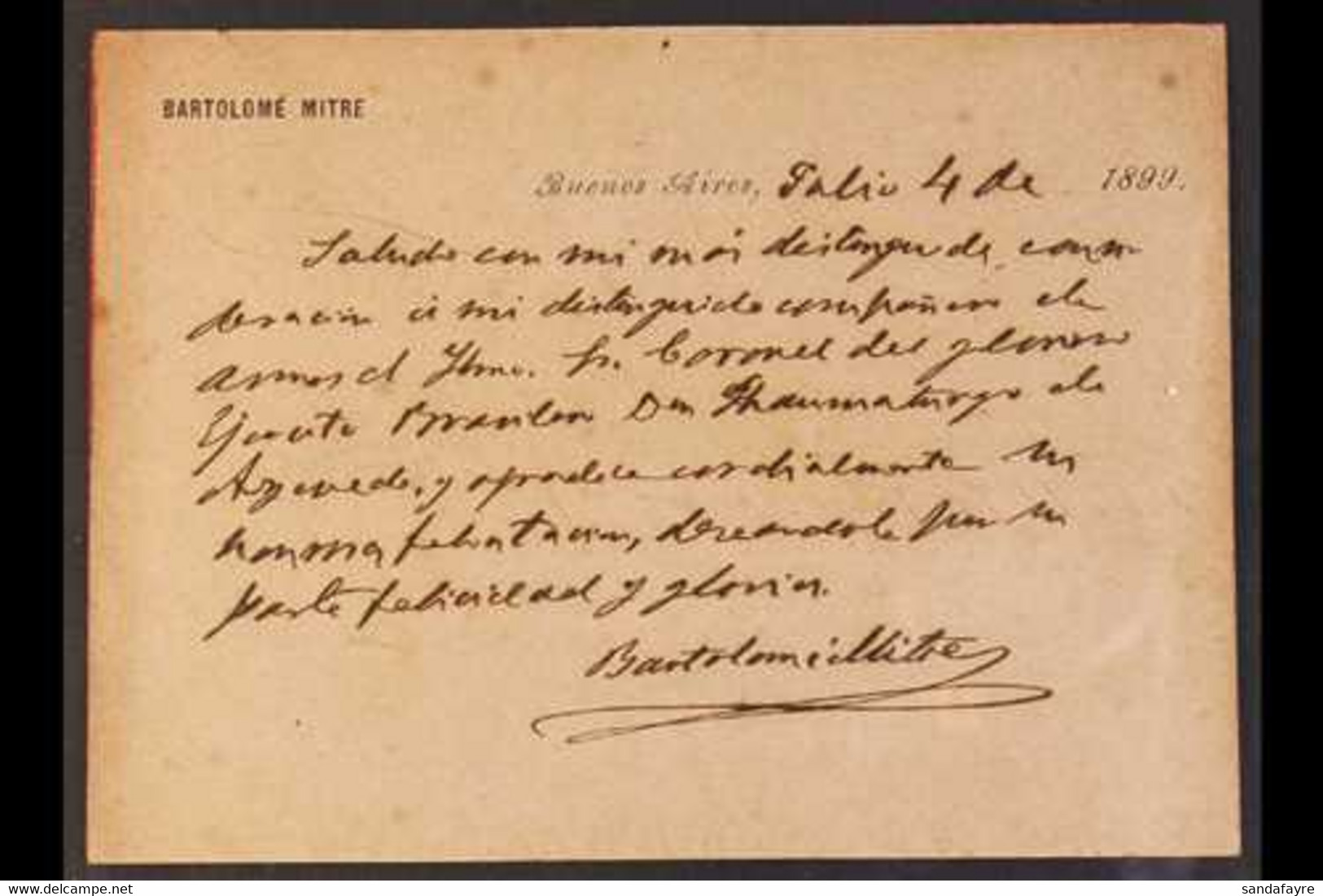 BARTOLOME MITRE SIGNATURE. 1899 Printed Personal Card With Long Manuscript Message, Signed BARTOLOME MITRE, President Of - Andere & Zonder Classificatie