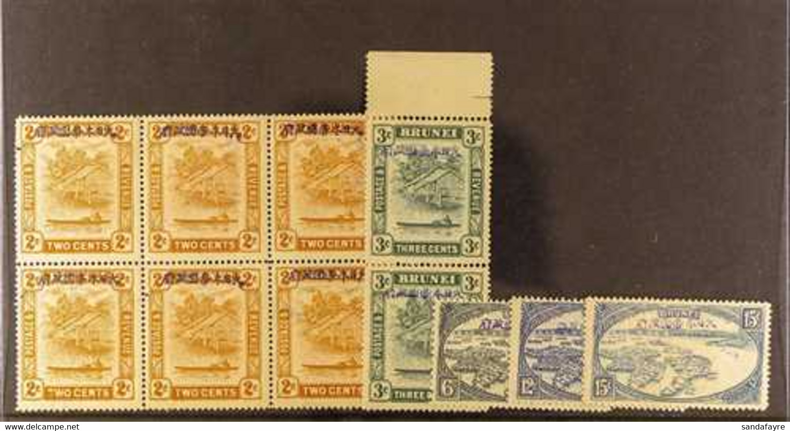 1942-1944 JAPANESE OCCUPATION Interesting Small Selection Of Japanese Occupation Stamps, Including 2c Orange Block Of 6  - Brunei (...-1984)