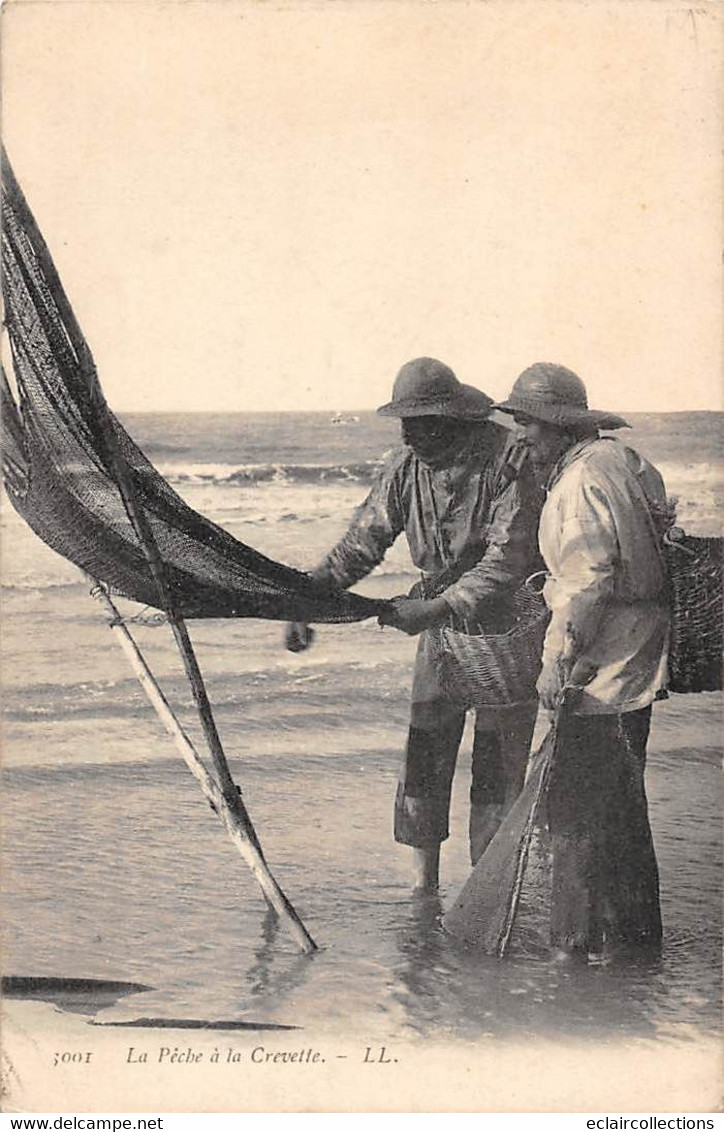 Thème:  Pêche à la crevette .  Pêcheuse et pêcheur de crevettes   Pas de Calais    62   ..4 cartes -    (voir scan)