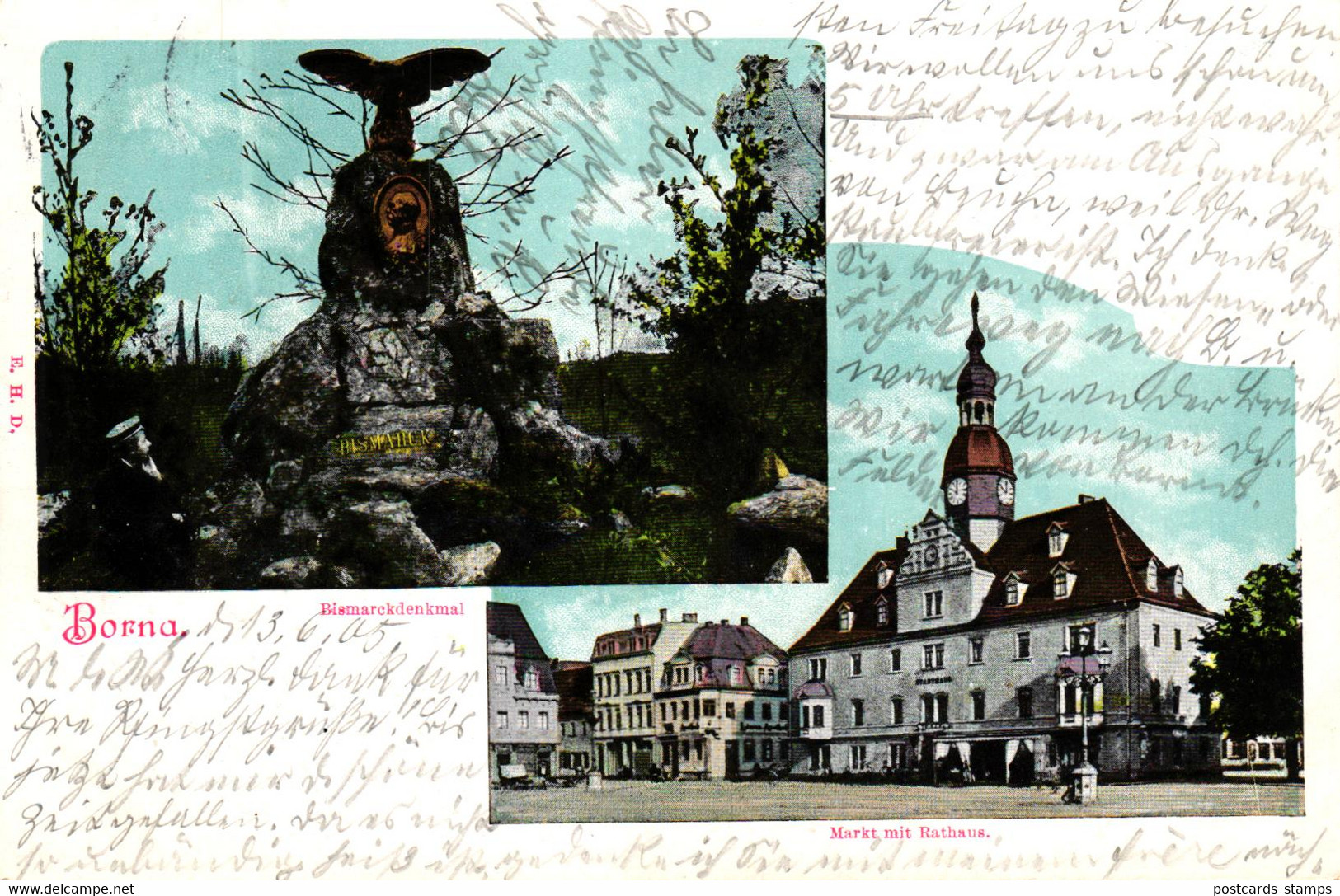 Borna, Bismarckdenkmal, Markt Mit Rathaus, 1905 - Borna