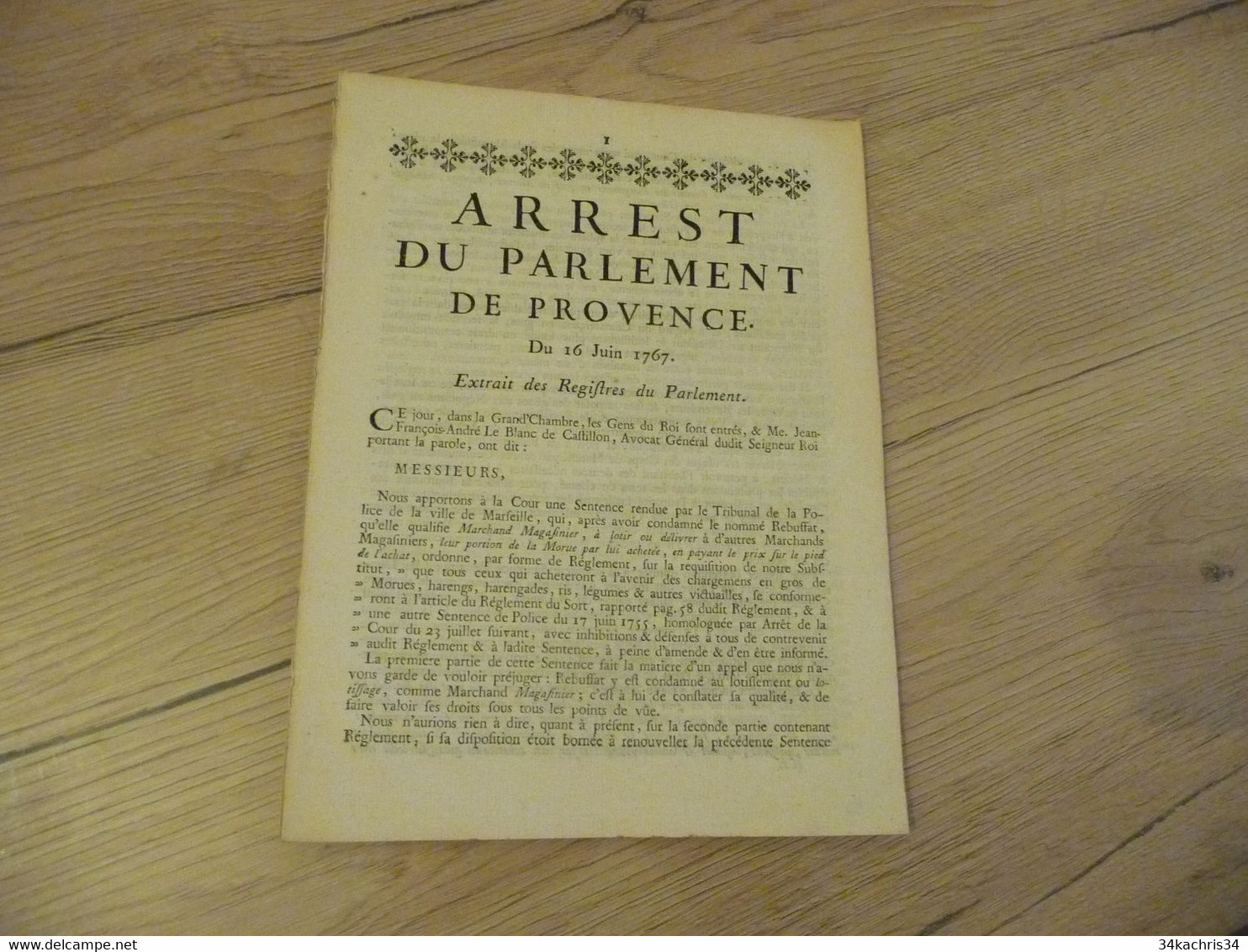 Arrest Du Parlement De Provence 16/06/1767 Marseille Commerce De La Morue Condamnations - Wetten & Decreten