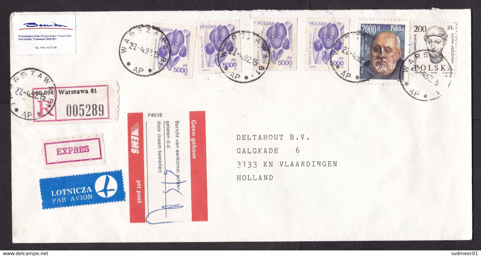 Poland: Registered Express Cover To Netherlands, 1992, 6 Stamps, Inflation 22000, Rare EMS Label Not Home (traces Of Use - Briefe U. Dokumente