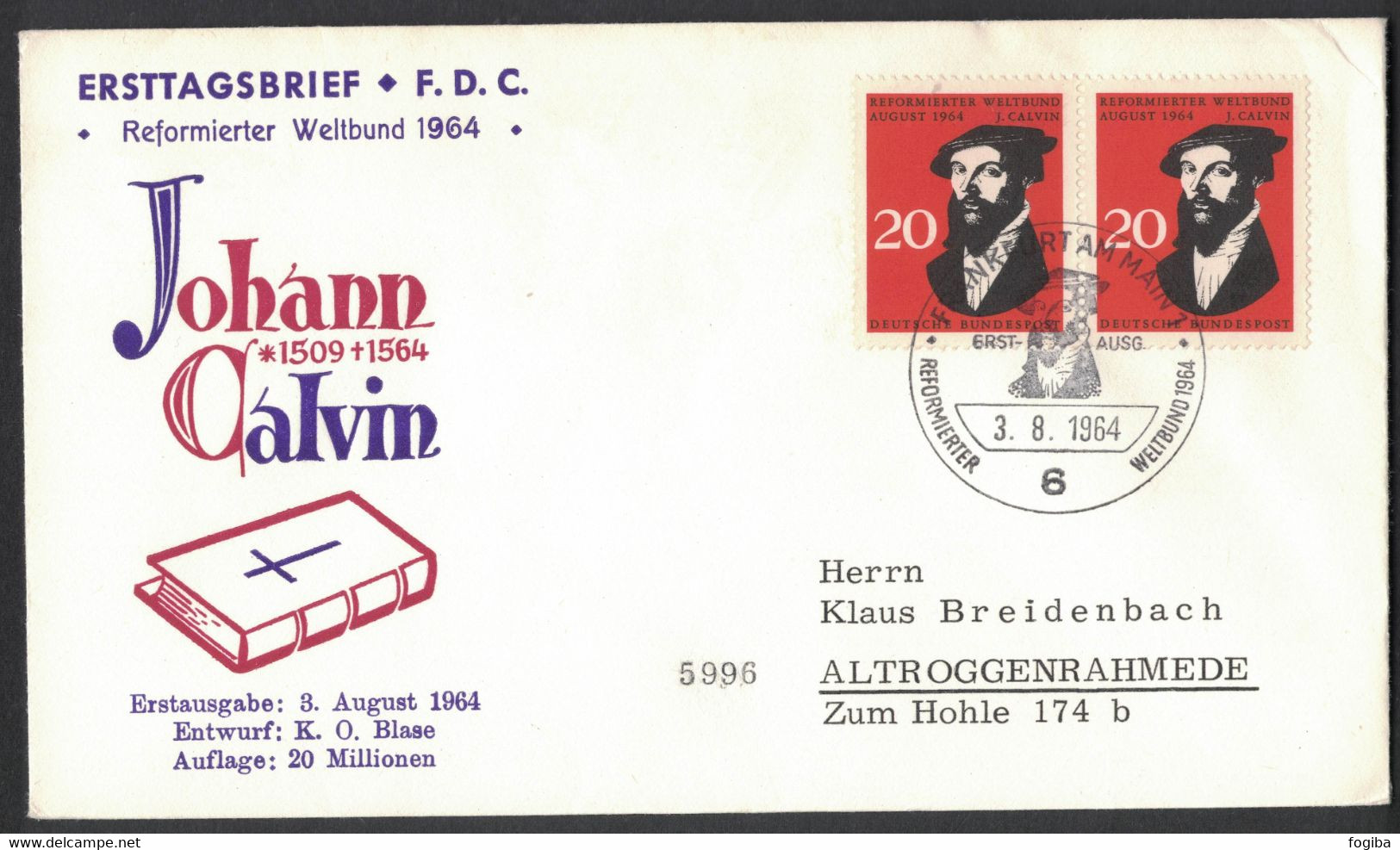 LA772    Germany 1964 Johannes Calvin, FDC Theologian - Theologians