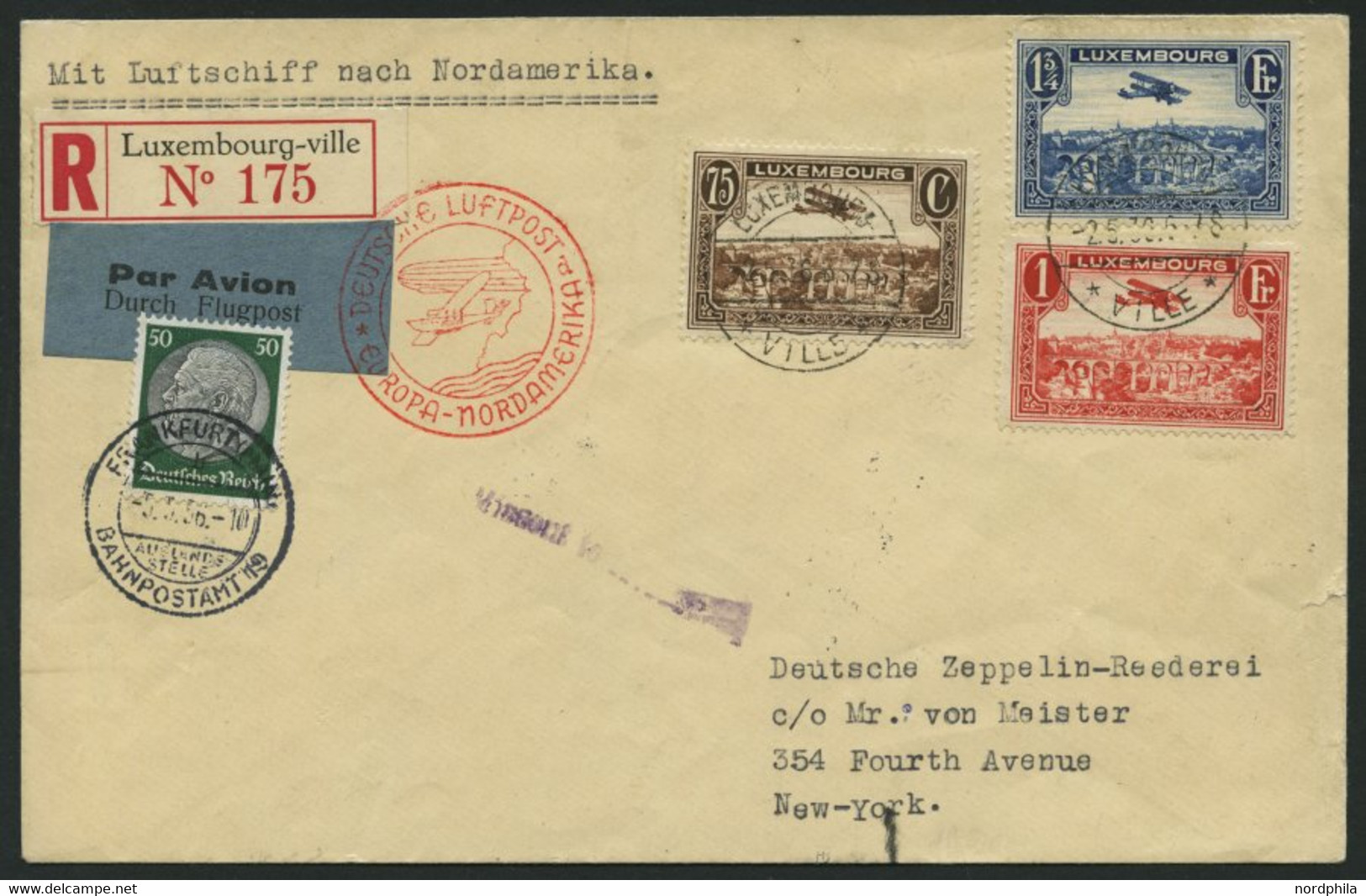 ZULEITUNGSPOST 406D BRIEF, Luxemburg: 1936, 1. Nordamerikafahrt, Auflieferung Frankfurt, Bedarfs-Einschreibbrief (rechts - Zeppelins