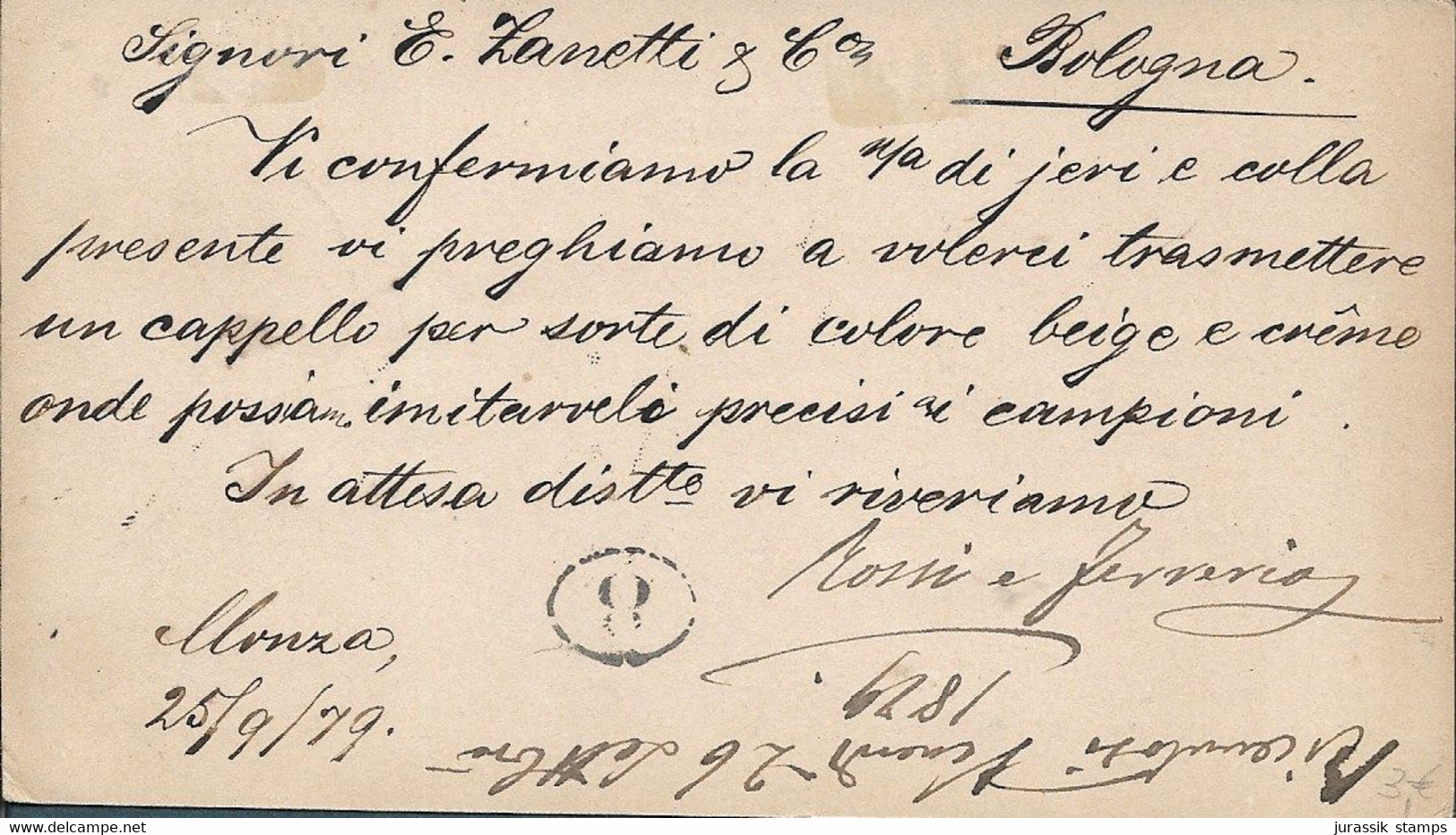 Italy ITALIA  -  1879 ENTIRE POSTAL STATIONERY  - MONZA TO BOLOGNA - 1663 - Unclassified