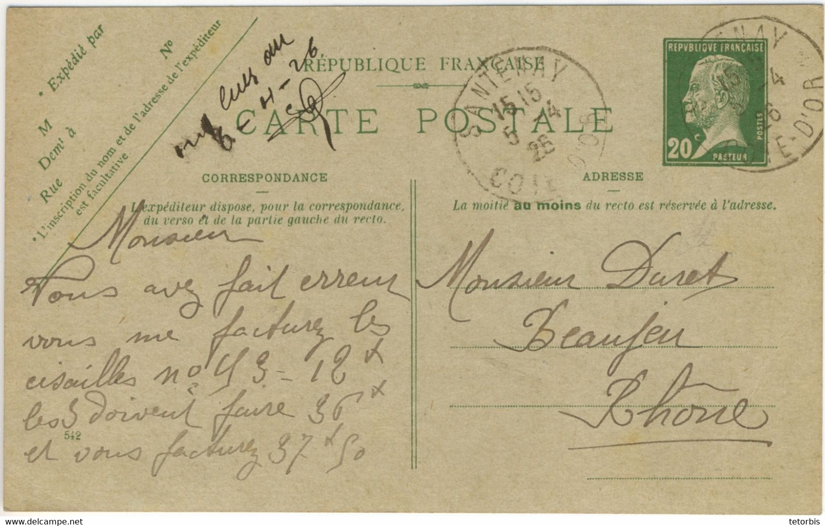 ENTIER POSTAL 20C PASTEUR TARIF CARTE POSTALE + DE 5 MOTS OBLITERATION SANTENAY 05/04/26 - Standard Postcards & Stamped On Demand (before 1995)