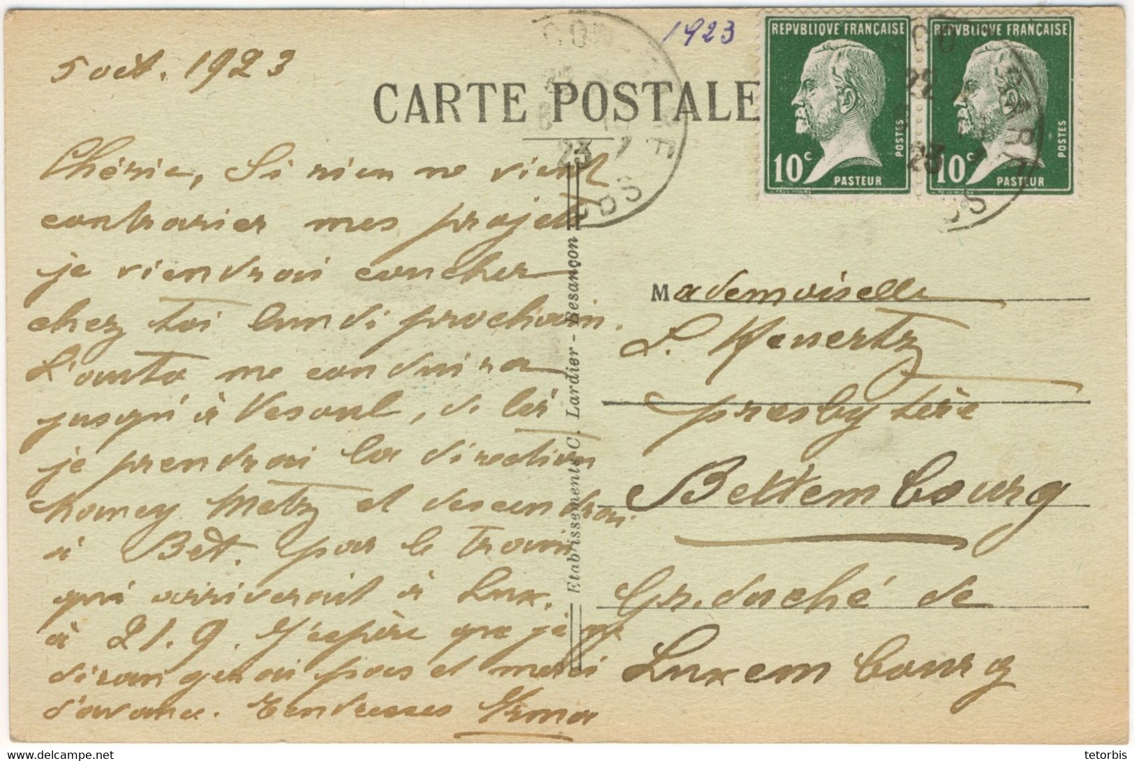 RARE- PAIRE 10C PASTEUR TARIF PARTICULIER 20C CARTE POSTALE LUXEMBOURG + DE 5 MOTS 05/10/23 - 1921-1960: Période Moderne