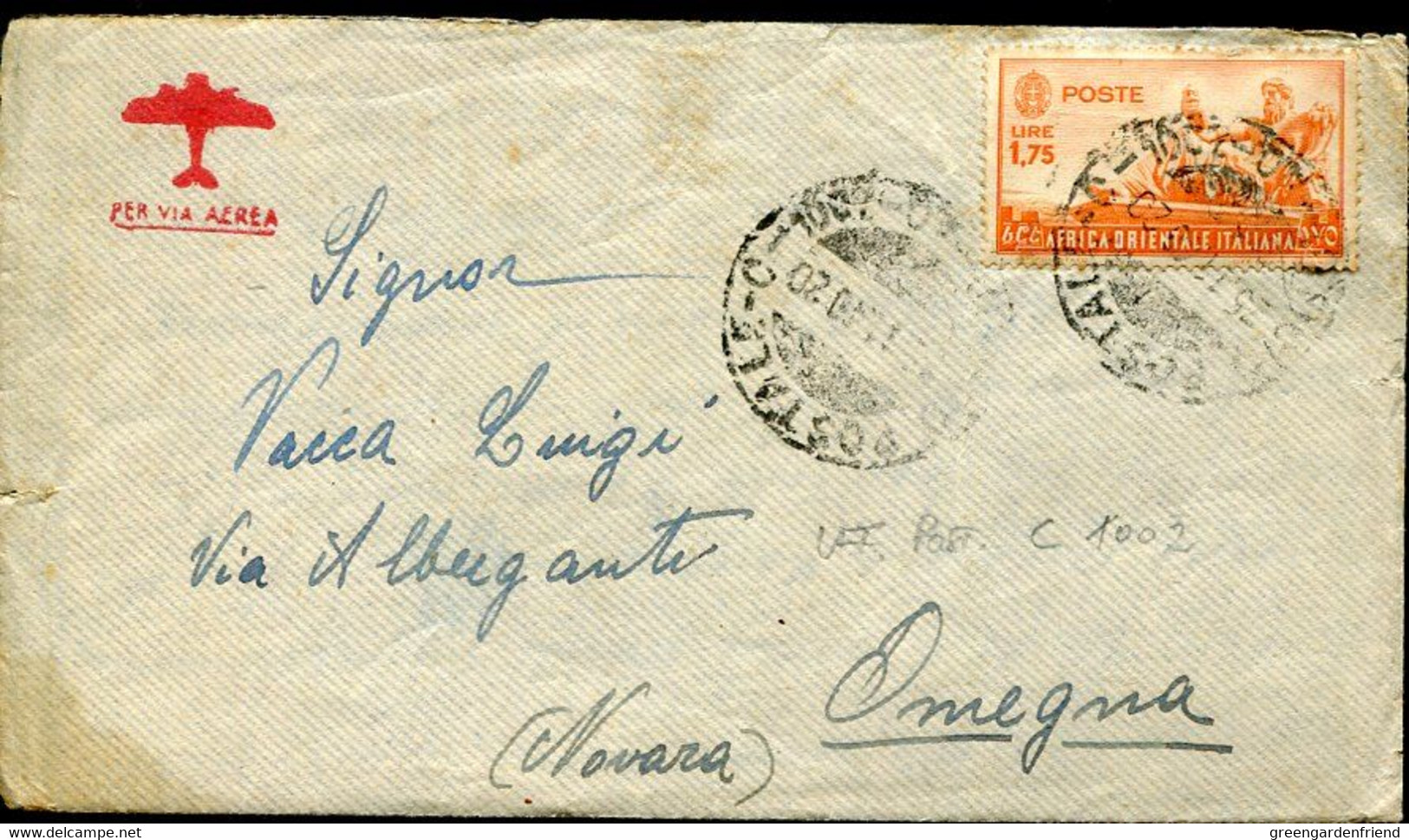 61094 Africa Orientale Italiana,military Post Office Nr.1002,cover Circuled To Omegna 25.11.1940, 1,75 Lire Stamp - Africa Orientale Italiana