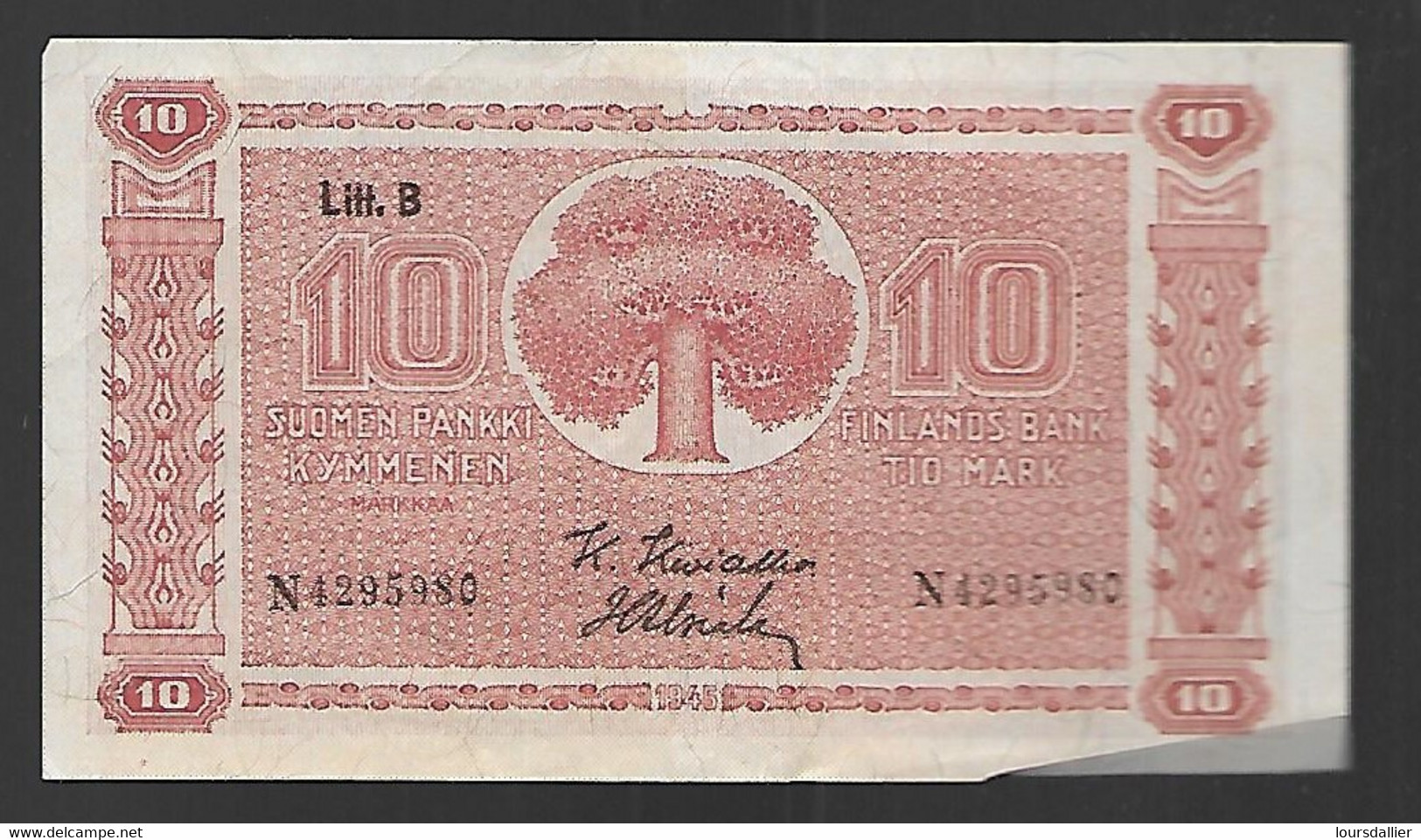 BILLET FINLANDE 10 MARK Litt.B N4295982 Date émission 1945 TYPE 1922 - Finnland