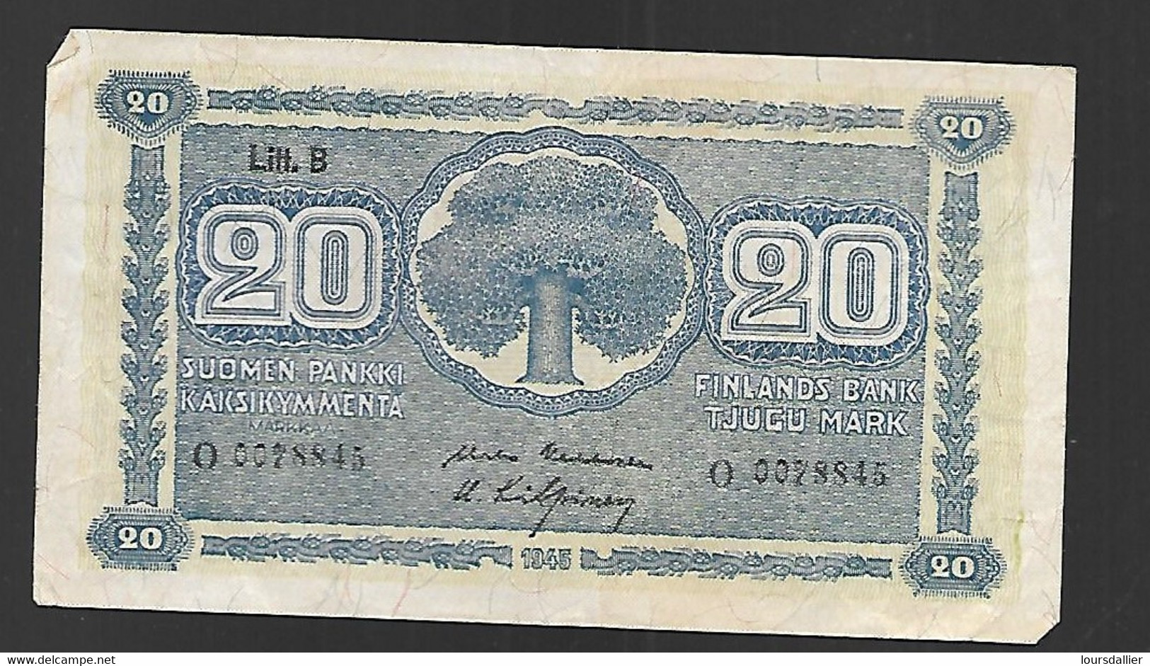 BILLET FINLANDE 20 MARK Litt.B O 0078845 Date émission 1948 TYPE 1945 - Finland