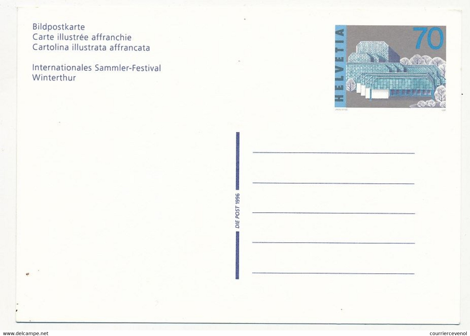 SUISSE => Entiers Postaux (CP) => Internationales Sammler-Festival WINTERTHUR - 1 Neuf, 1 Obl Premier Jour 29/8/1996 - Entiers Postaux