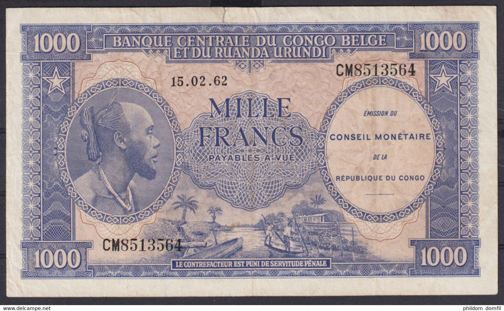 Ref. 6107-6612 - BIN CONGO. Democratic Republic . 1962. CONGO REP�BLICA DEMOCR�TICA / KINSASA 1962 1000 FRANCS - Sin Clasificación