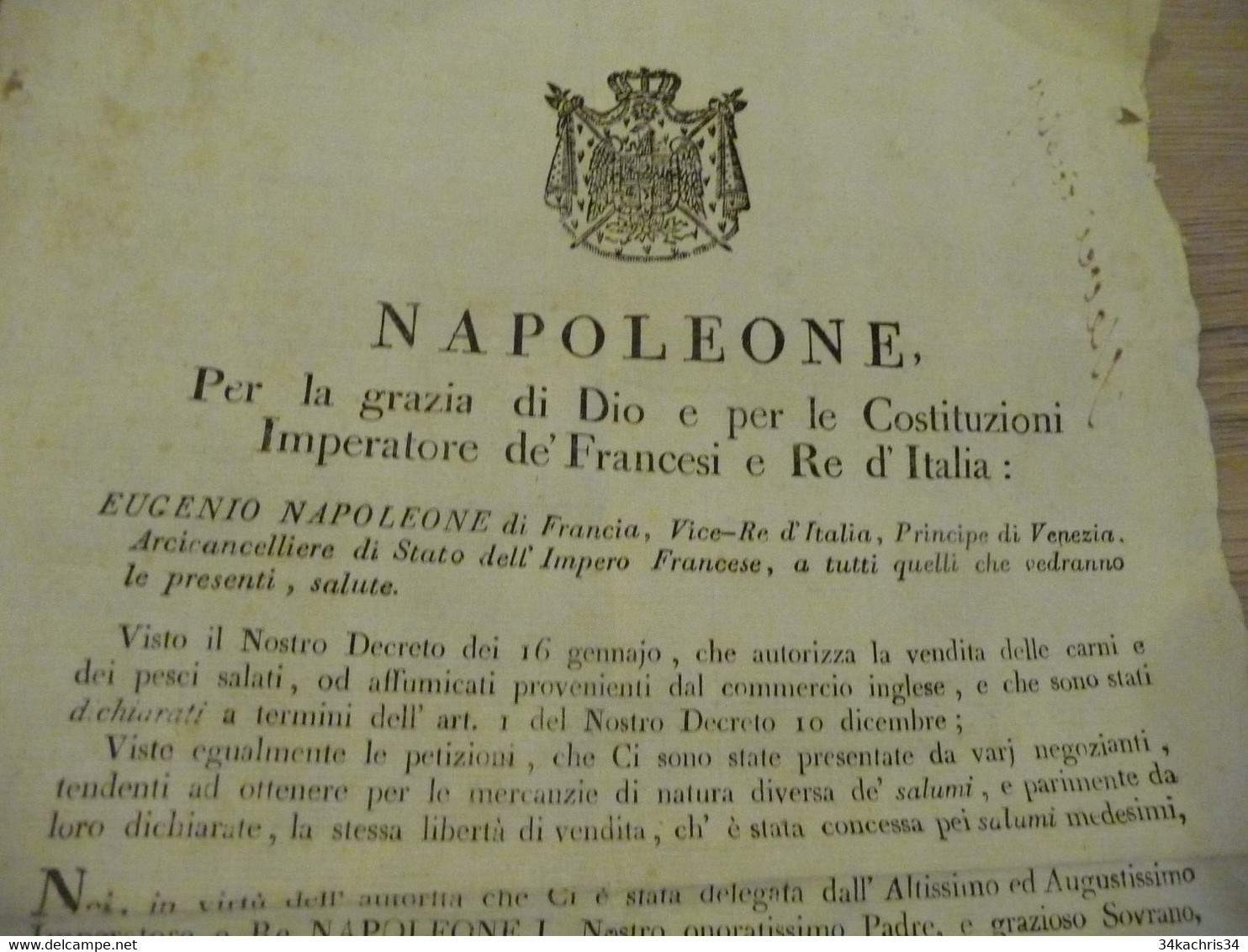 Napoleone Eugenio Napoléon 1807  Décret En Italien à Propos Ventes Viandes Carni Poissons .... - Gesetze & Erlasse