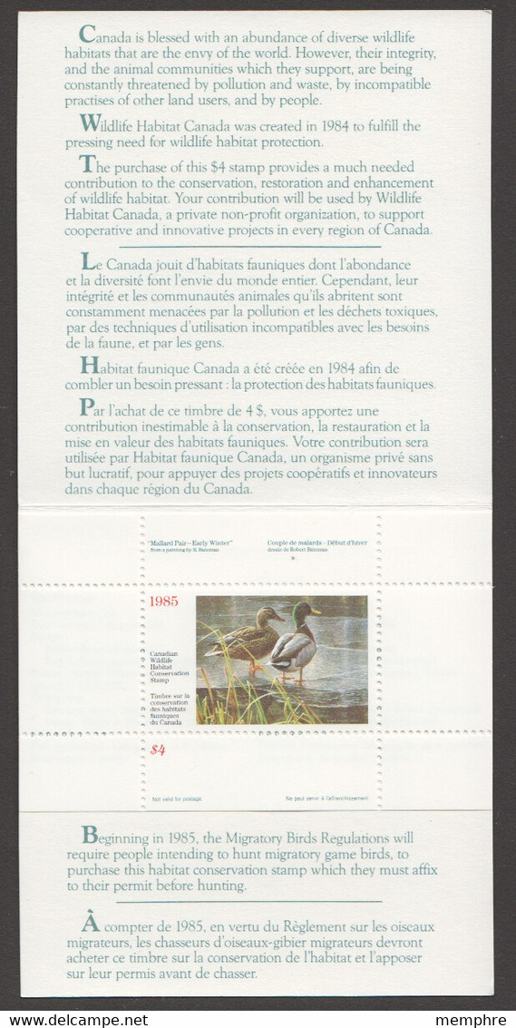 Federal Wildlife Habitat Conservation 1985  Unused In Original Booklet $4 Mallards - Fiscaux