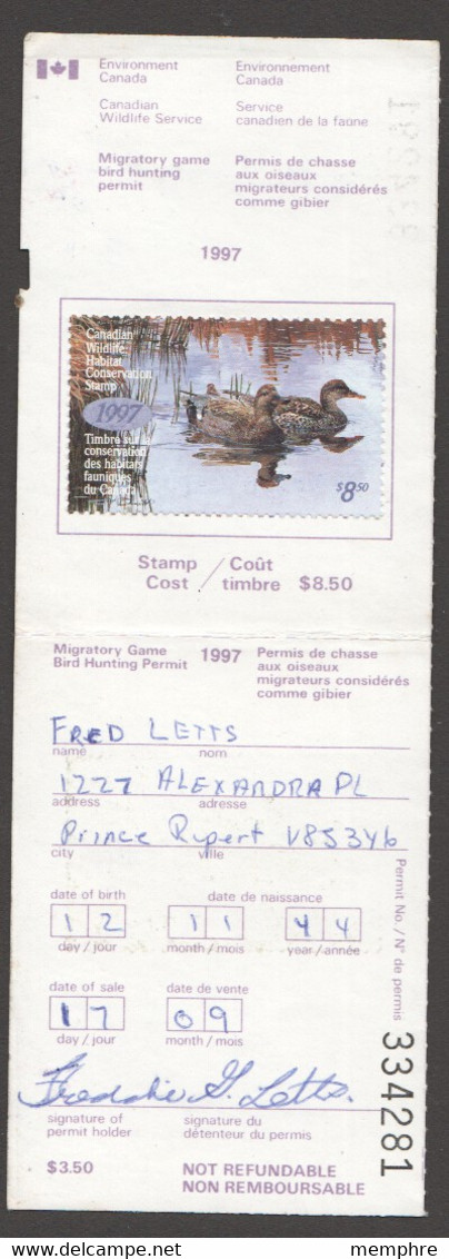 1997 Federal Wildlife Habitat Conservation $8.50 Gadwalls - On Hunting Licence - Fiscaux