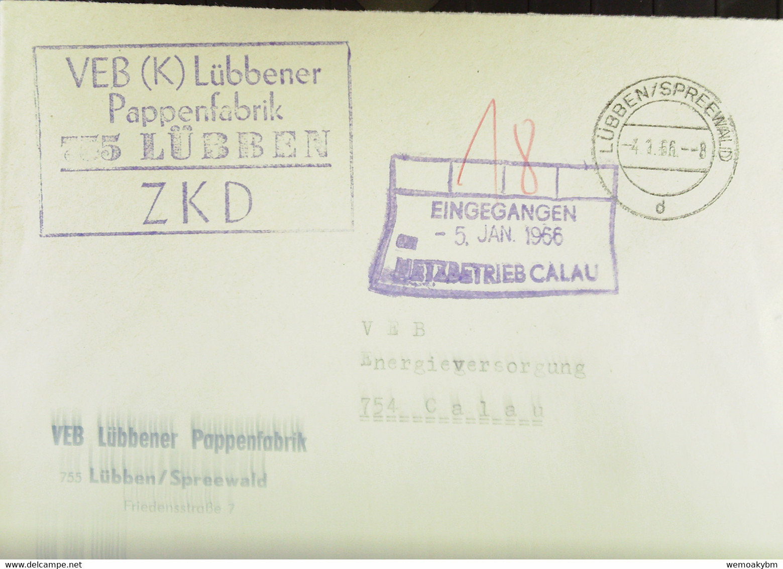 Fern-Brief Mit ZKD-Kastenstempel "VEB (K) Pappenfabrik 755 LÜBBEN" Vom 4.1.66 An VEB Energieversorgung 754 Calau - Briefe U. Dokumente