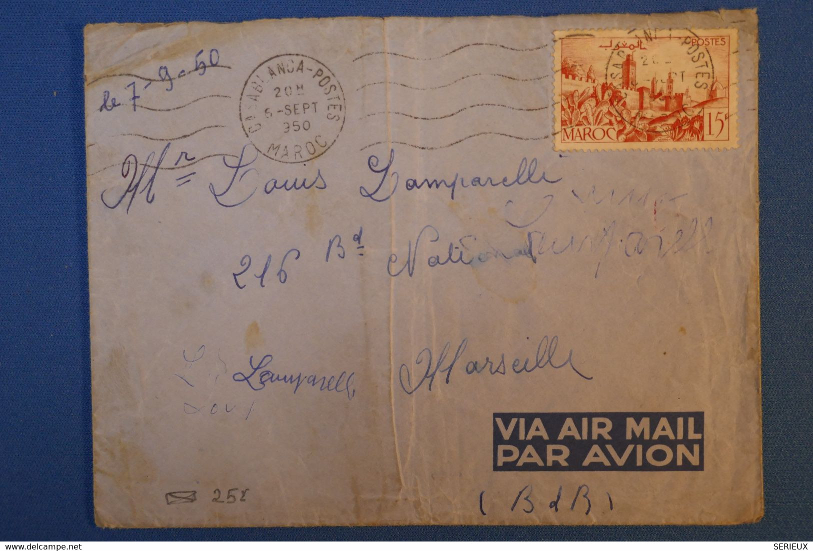 I 3 MAROC  BELLE LETTRE 1950 PAR AVION CASABLANCA POUR  MARSEILLE FRANCE + AFRANCH INTERESSANT - Briefe U. Dokumente