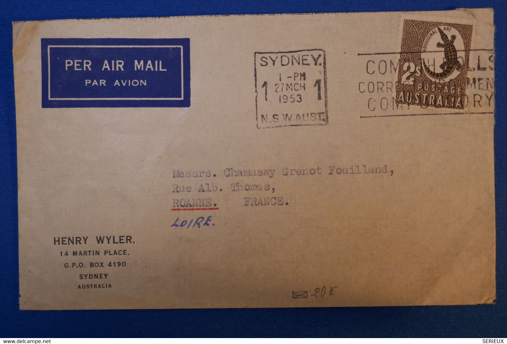 I 3 AUSTRALIE  BELLE LETTRE 1953 PAR AVION SYDNEY  POUR ROANNE  FRANCE + AFRANCH PLAISANT - Cartas & Documentos