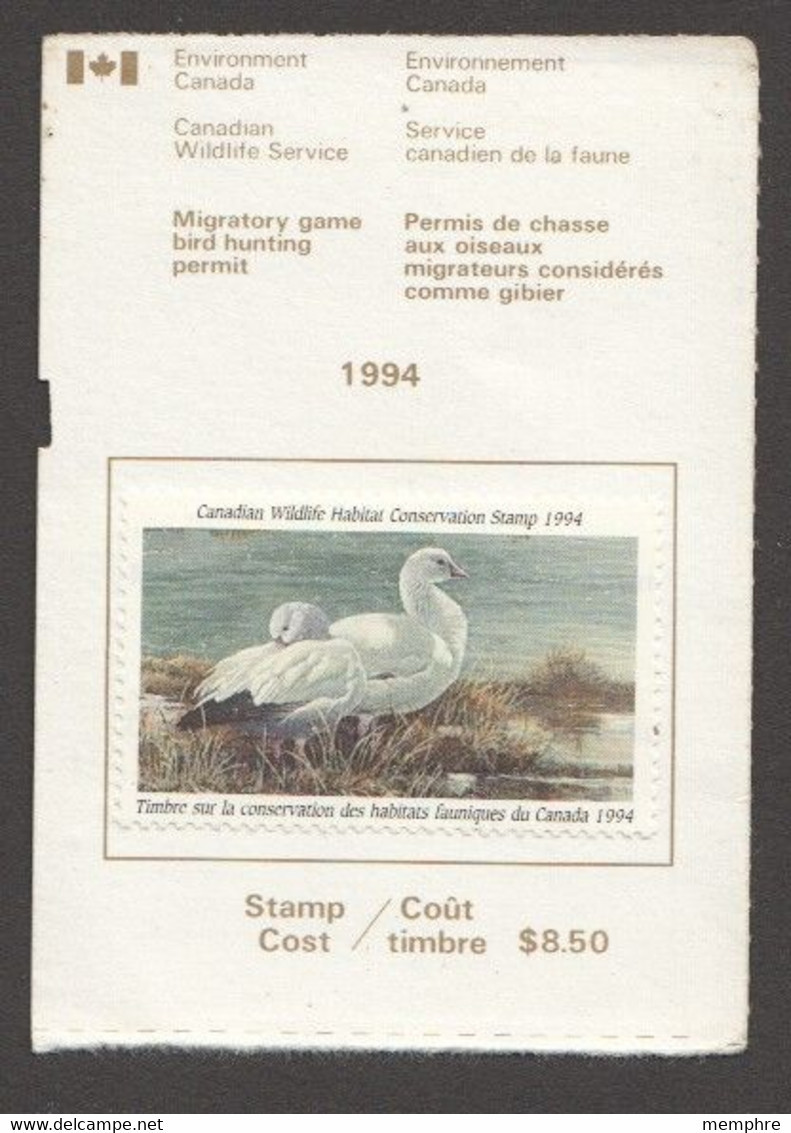 1994 Federal Wildlife Habitat Conservation $8.50 Hooded Merganser  - On Hunting Licence - Steuermarken