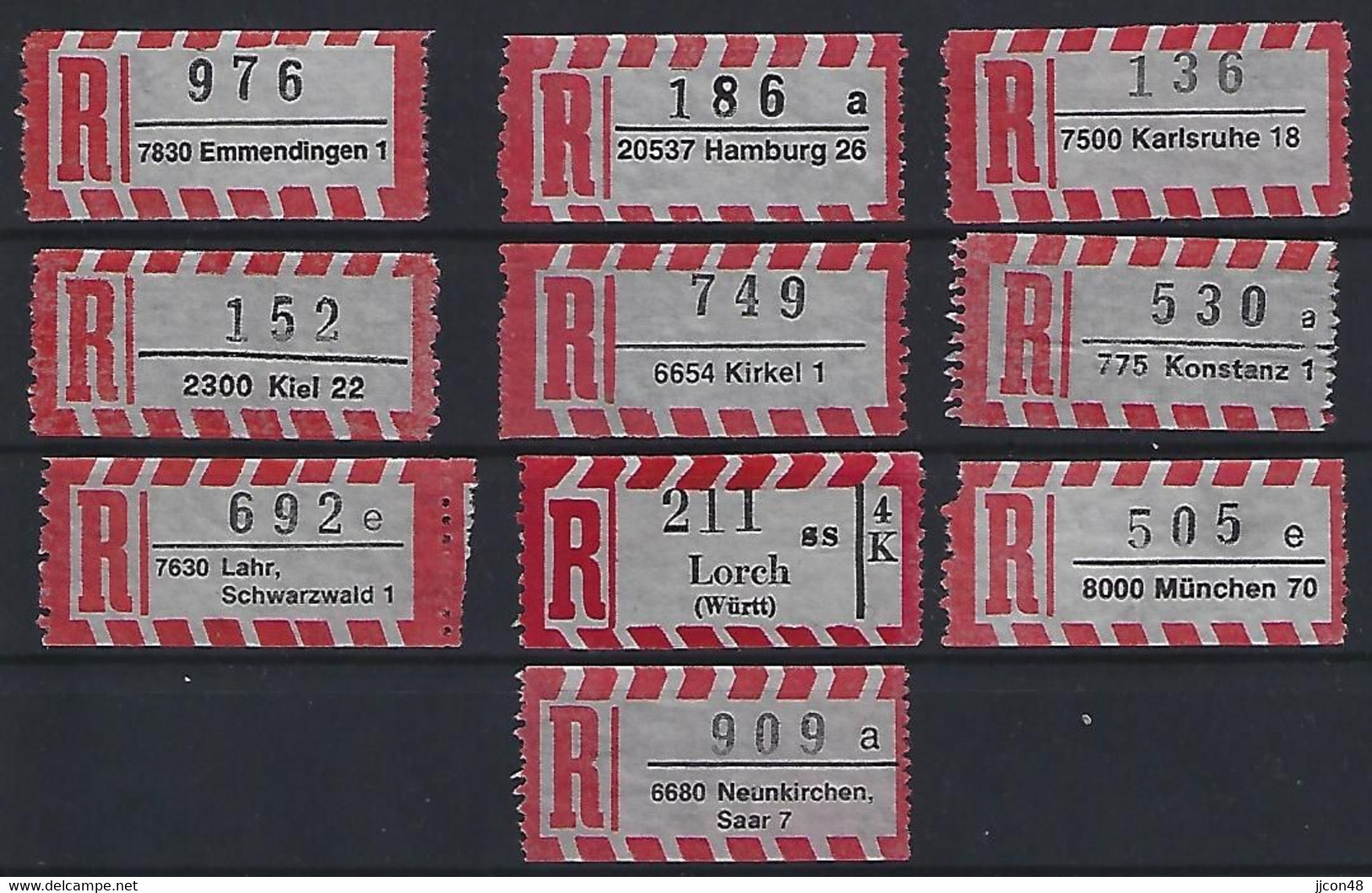 Germany (BRD) R-Labels X10 - Etiquettes 'Recommandé' & 'Valeur Déclarée'