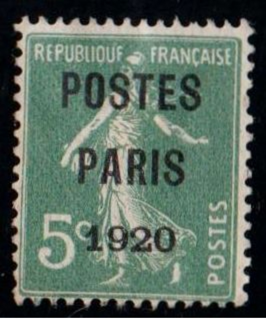 Timbre France Préoblitérés Yvert 24 Semeuse Poste Paris 1920 5c Vert - 1893-1947