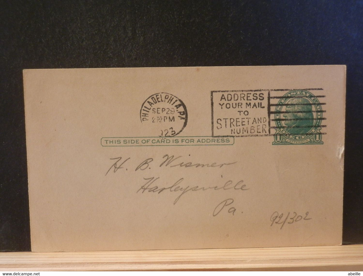 92/302 POSTAL CARD Usa  PIQUAGE VERSO 1923 - 1921-40