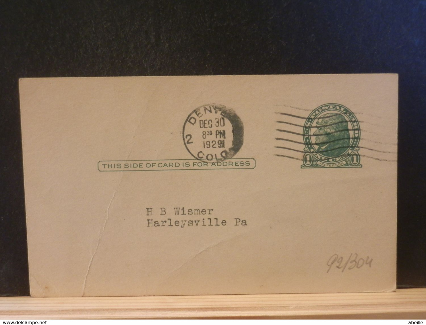 92/304 POSTAL CARD Usa  PIQUAGE VERSO 1929 - 1921-40