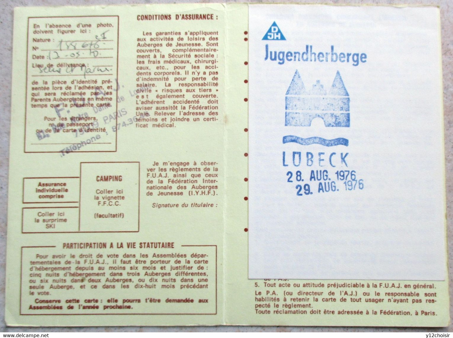 CARTE ADHERENT 1976 IYHF FEDERATION UNIES DES AUBERGES DE JEUNESSE AUBERGE 6 RUE MESNIL PARIS INTERNATIONAL YOUTH HOSTEL - Sonstige & Ohne Zuordnung