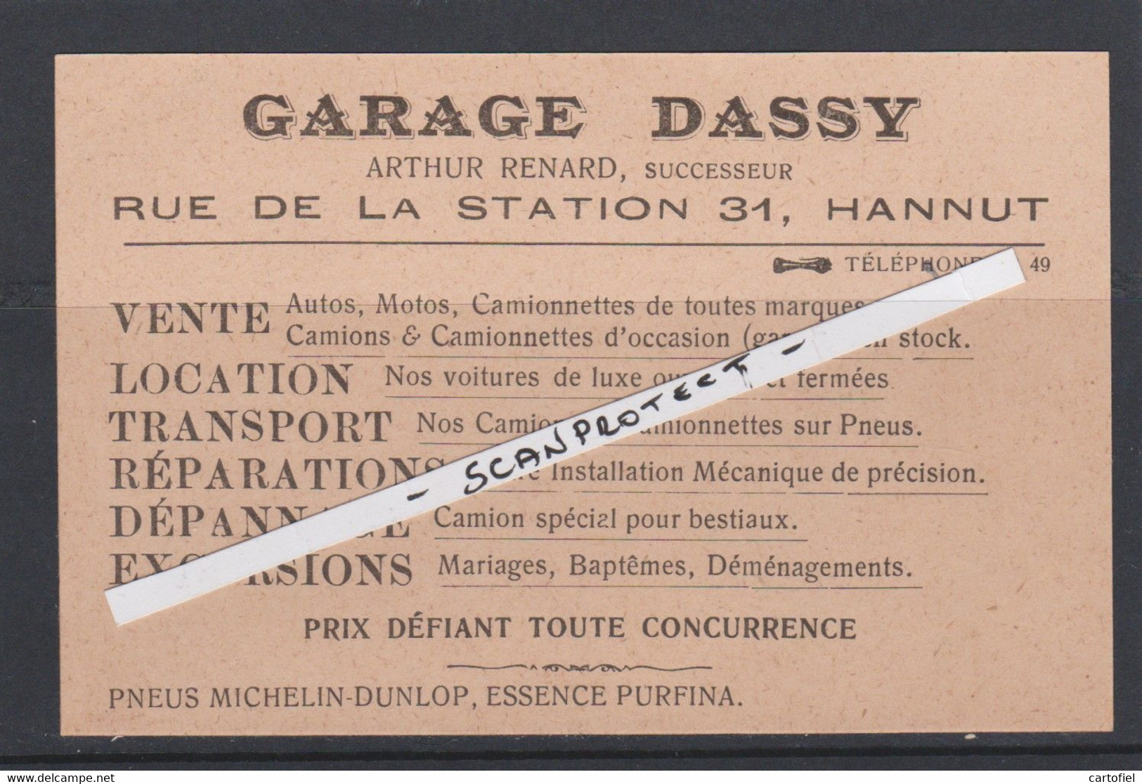 HANNUT-GARAGE DASSY-ARTHUR RENARD-RUE DE LA STATION-CARTE PUBLICITAIRE-VENTE-DEPANNAGE-EXCURSIONS-RARE-VOYEZ 2 SCANS - Hannut