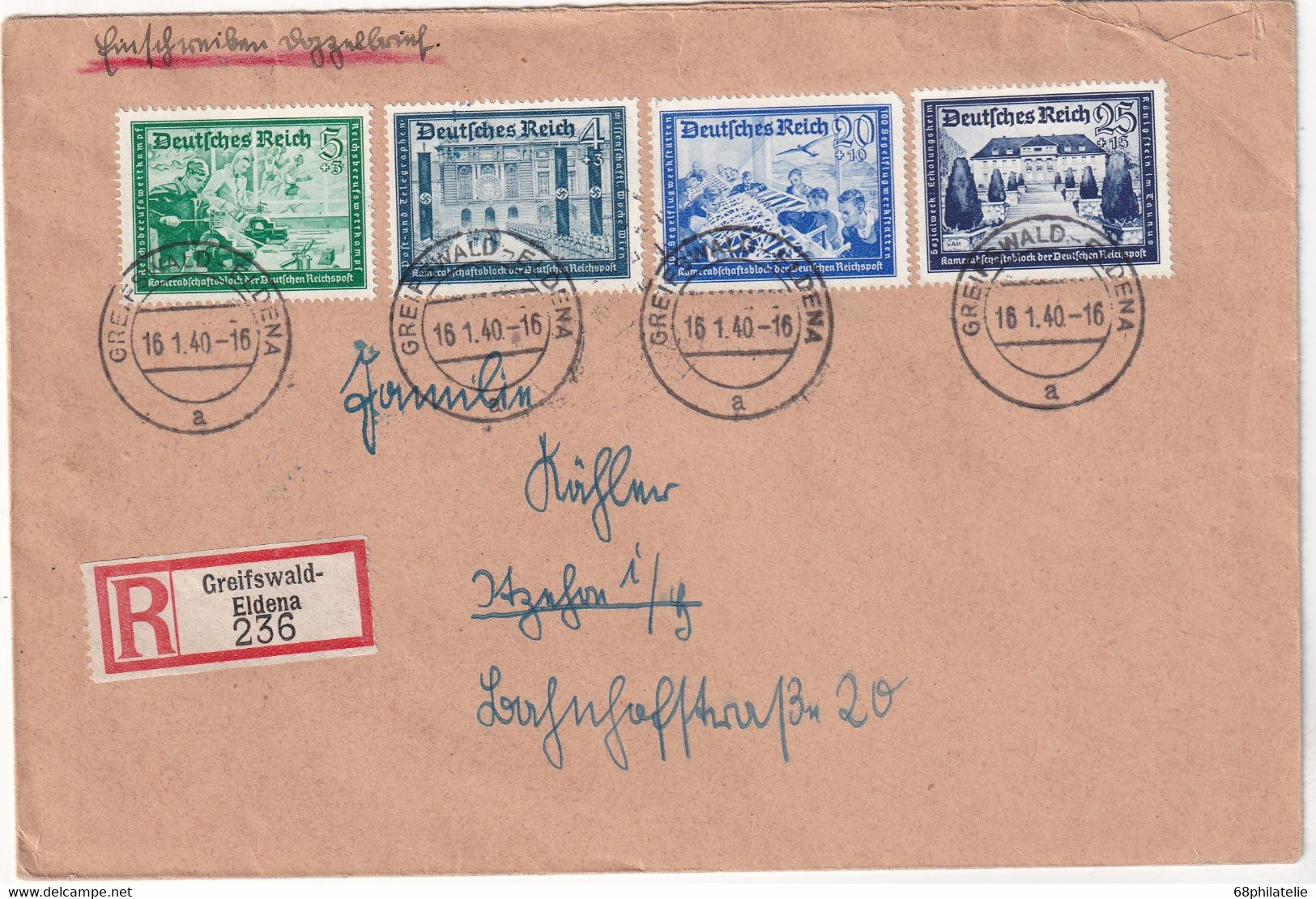 ALLEMAGNE 1940 LETTRE RECOMMANDEE DE GREIFSWALD-ELDENA AVEC CACHET ARRIVEE - Briefe U. Dokumente