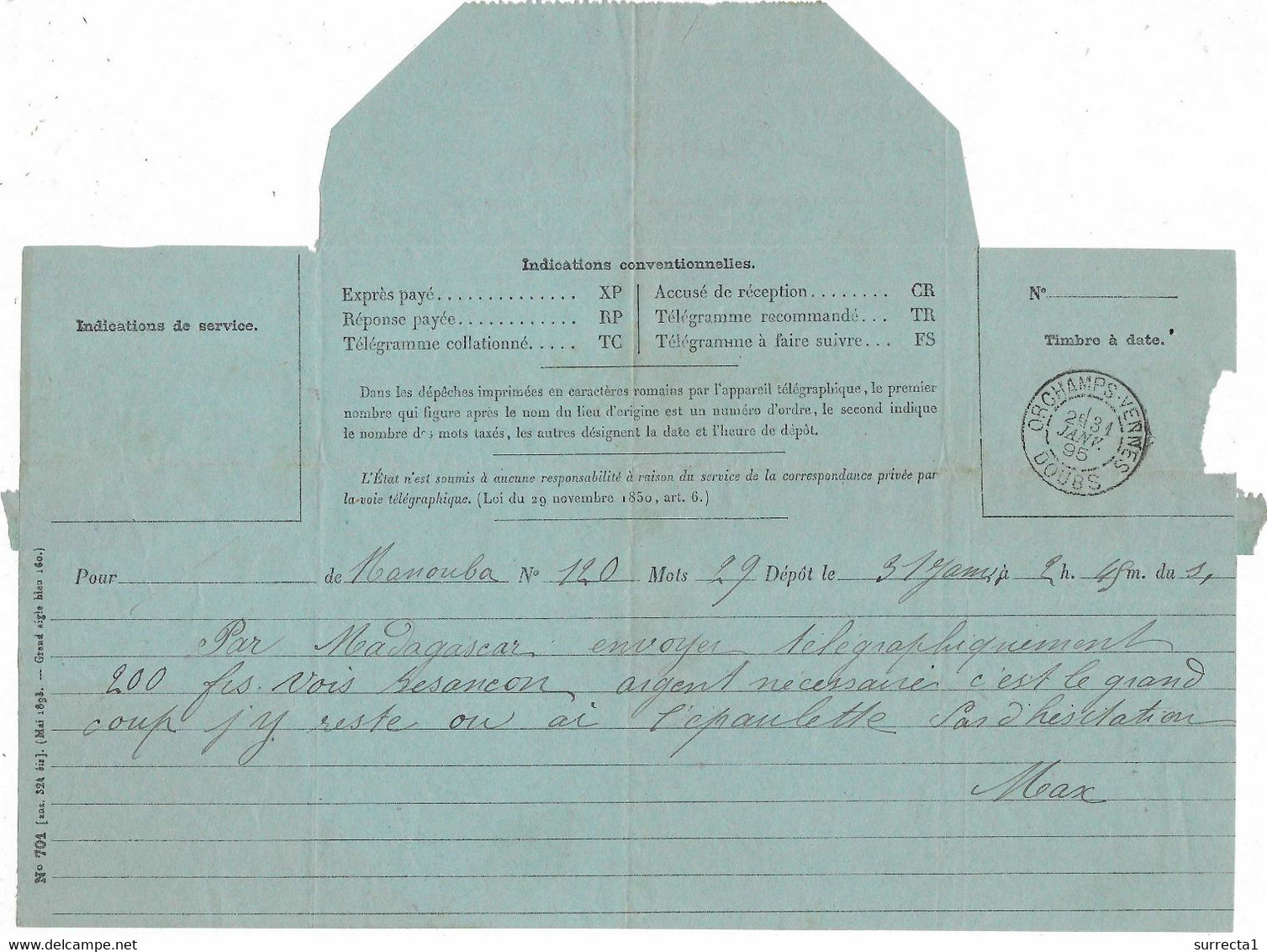 1895 / Télégramme / Cachet D'Orchamps-Vennes / 25 Doubs / Exp De Manouba Madagascar - Telegraph And Telephone